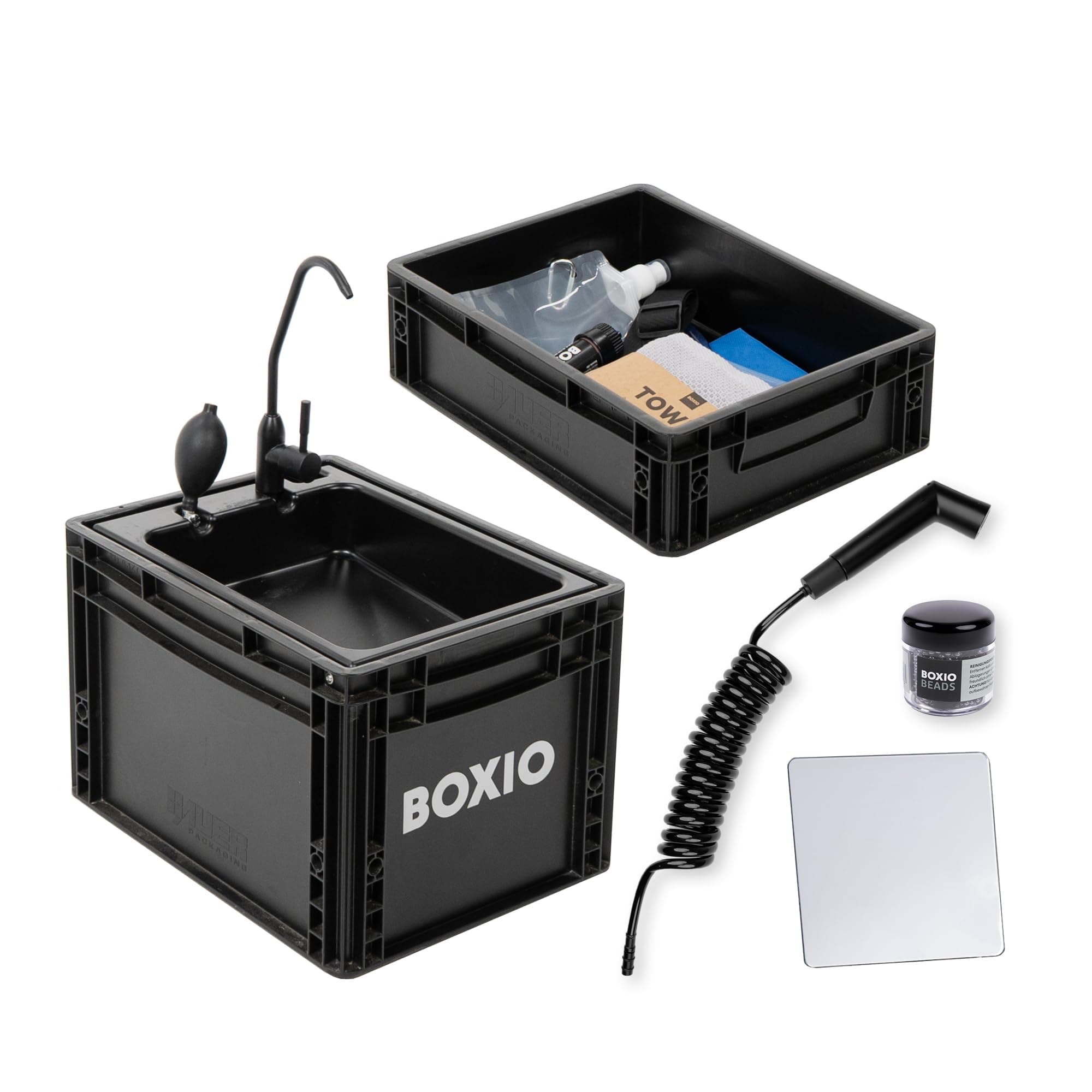 BOXIO - WASH Max+ : évier mobile 40 x 30 cm Kit complet : système de filtre + douche de camping + perles de nettoyage + miroir, lavabo de camping avec pompe sans électricité, accessoires de camping