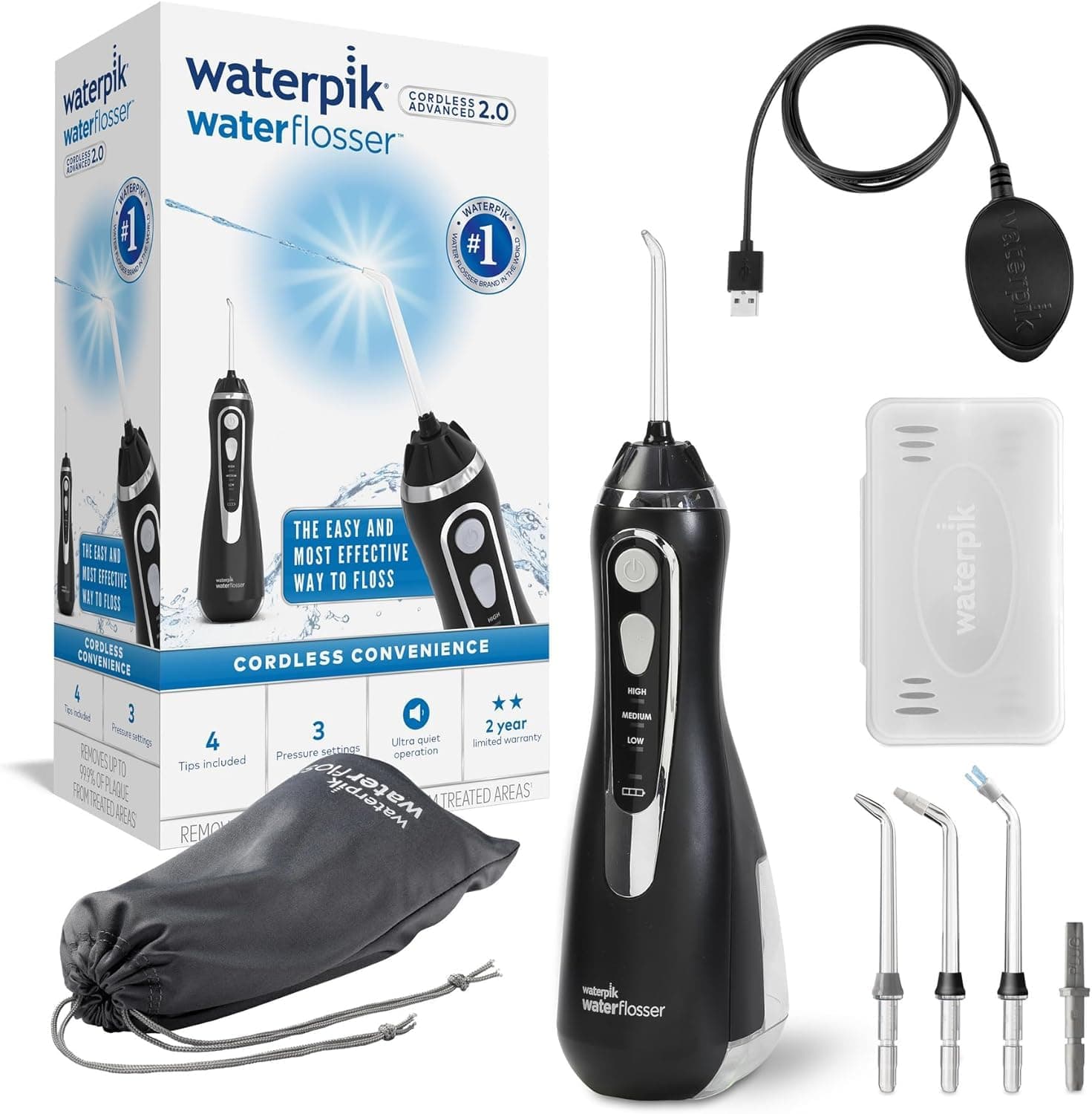 Waterpik Irrigador Dental Eléctrico con 3 Posiciones de Control del Agua a Presión con Cargador USB, Eliminación de Placa Dental óptimo para Viajar y para Baños Pequeños, Negro (WP-582EU)