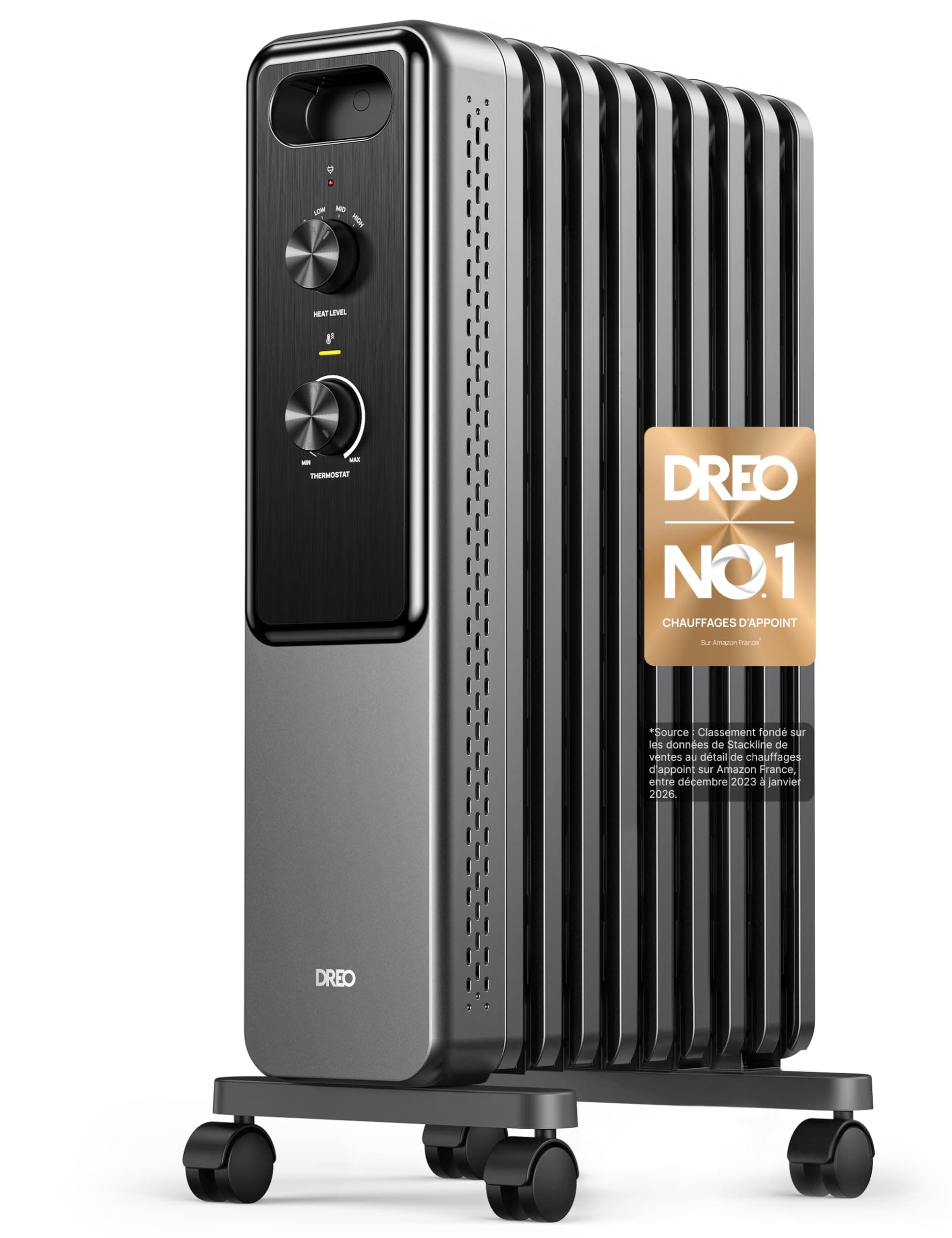 Dreo Radiateur à huile 2000W avec 9 ailettes, chauffage électrique silencieux pour chambre, thermostat réglable, protection surchauffe et basculement, sécurité enfant et mode économie d’énergie