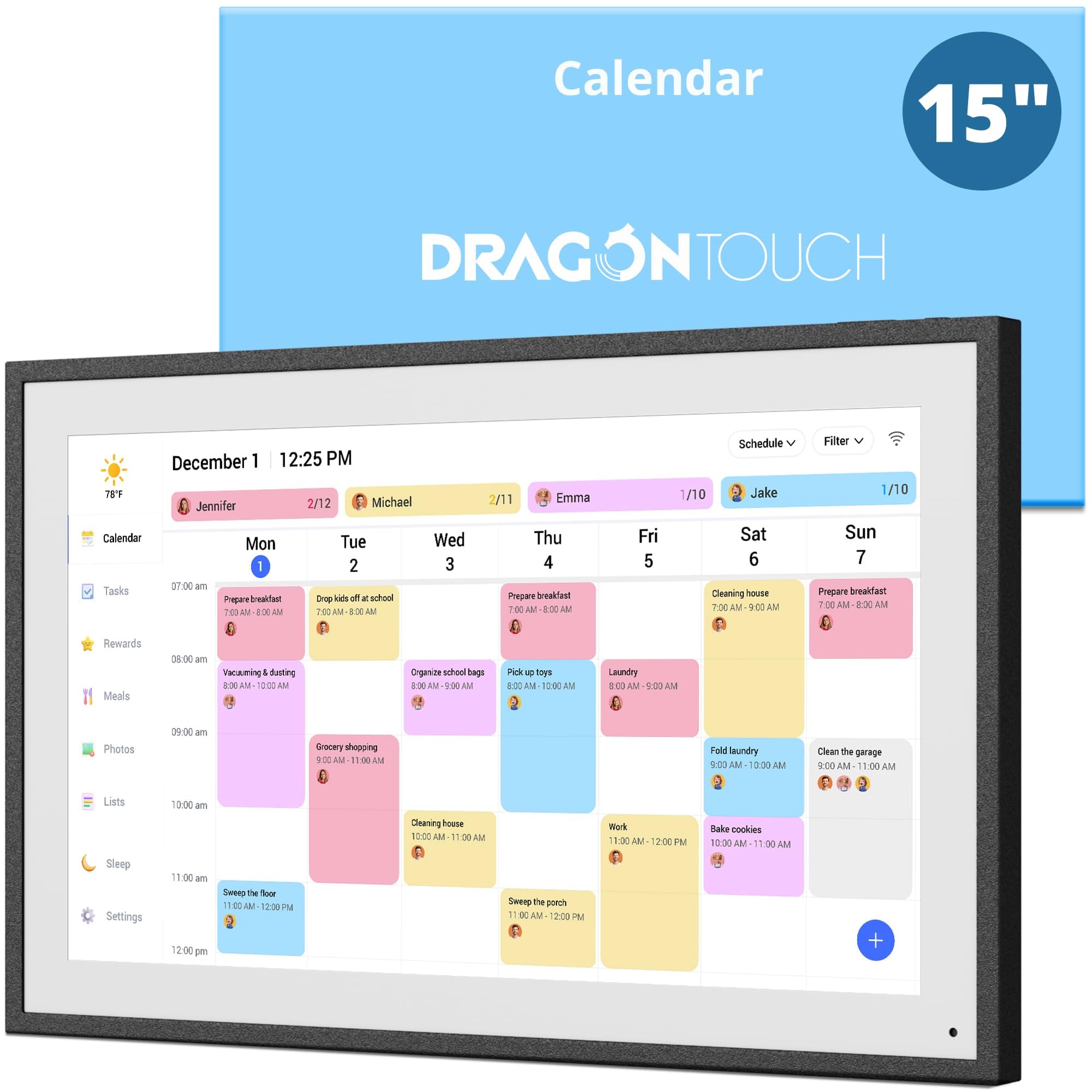 Dragon Touch 15,6" Calendrier Numérique - Calendrier Mural Électronique, Agenda Familial avec Mémoire de 32 Go, Calendrier de Bureau Intelligent à Écran Tactile, Cadre Photo Numérique WIFI, TM15 Noir