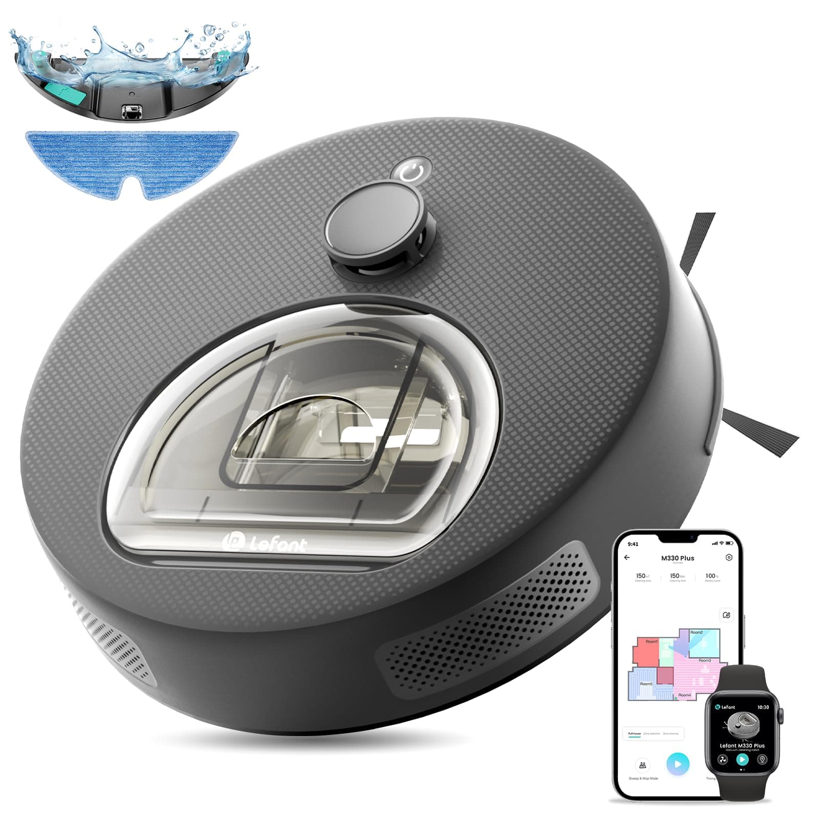 Lefant M330 Plus Robot Aspirador,Anticolisión,5000Pa,Aspiración y fregado simultáneos,Mapeo Inteligente,Navegación LiDAR,Prevención de obstáculos,Recogida de Pelo de Mascotas,Gris