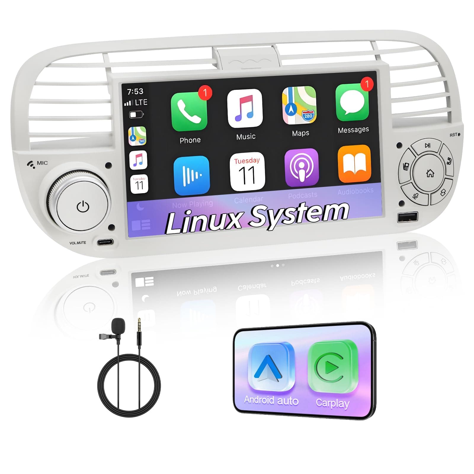 Autoradio Linux pour Fiat 500 (2007-2015) – démarrage en 3 Secondes | Écran IPS 7 pouces, CarPlay sans fil & Android Auto, AM/FM/RDS DSP USB Bluetooth micro commandes au volant – prêt à brancher