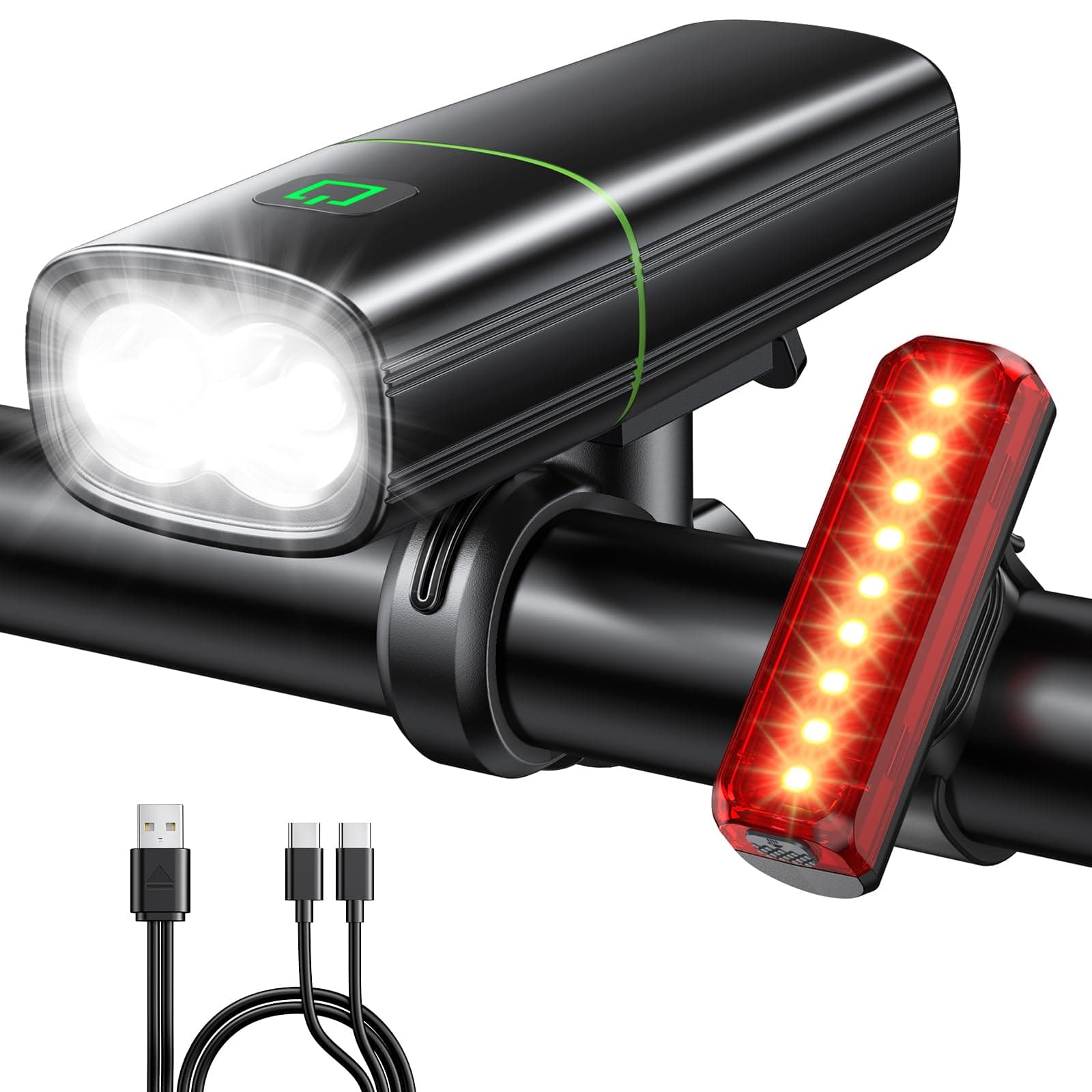 Mohard 1200LM Lumiere Velo avec 2 LED Super Brillantes, 3+5 Modes & 2600mAh | Lampe Velo Avant et Feu Arrière Rechargeable USB, IP65 Étanche, Sets d'Éclairage VTT LED Ultra Puissant pour Sortie Nocturne