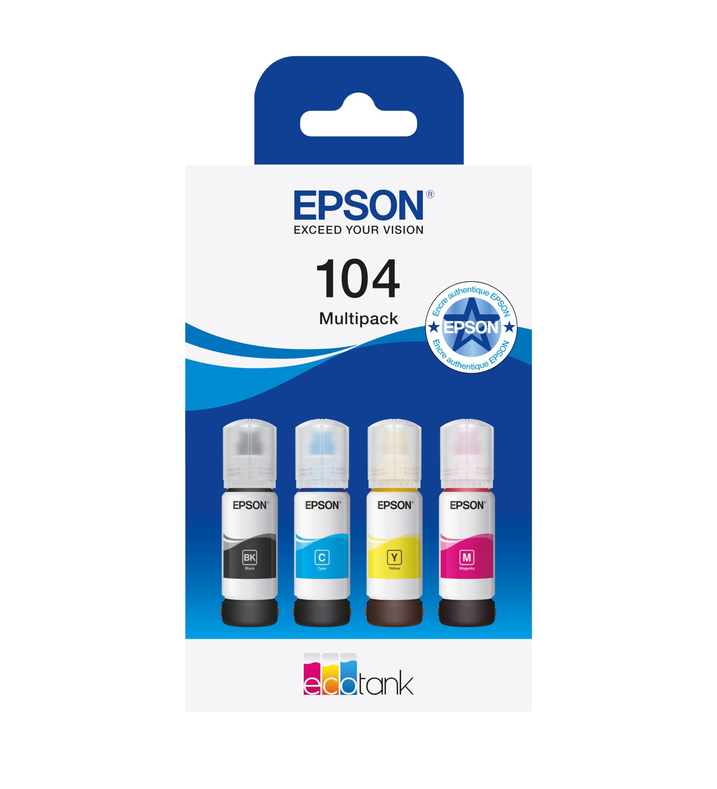 Epson EcoTank 104 Bouteilles d’Encre Authentiques | Multipack Couleur 4X - Noir, Cyan, Magenta, Jaune | Qualité De Marque pour des Résultats Optimaux