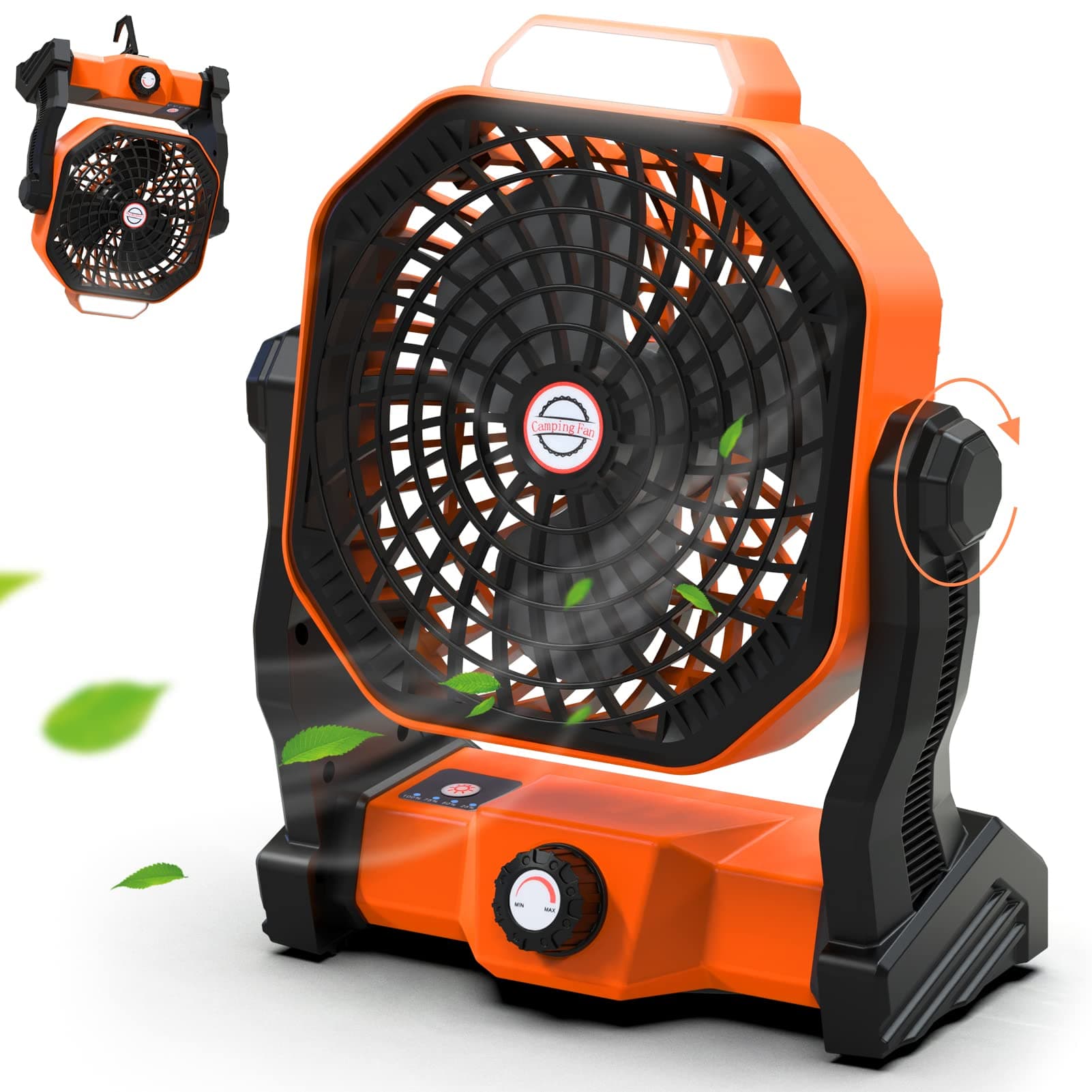 Sendowtek Ventilateur Batterie pour Camping 10400mAh, Puissant Silencieux avec Lumière LED et Crochet 4 Vitesses Réglables, Ventilateur Rechargeable USB pour Tente Extérieur Bureau Table