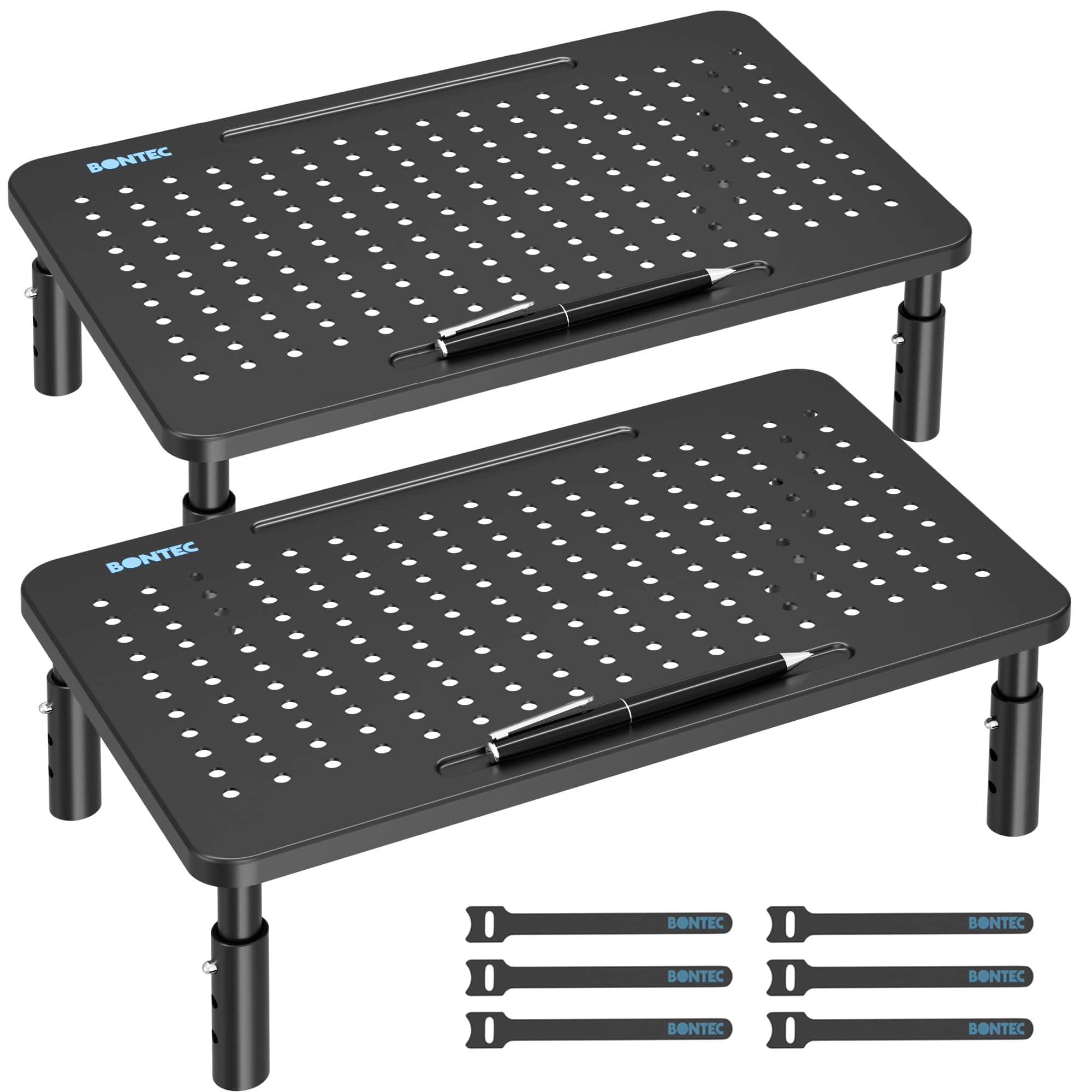 BONTEC Soporte para Monitor de Ergonómico, Tres Niveles de Altura Ajustable | Elevador Monitor de Metal de Calidad, Soporte Monitor, Capacidad hasta 20 kg, L368 x W231mm, (Paquete de 2)