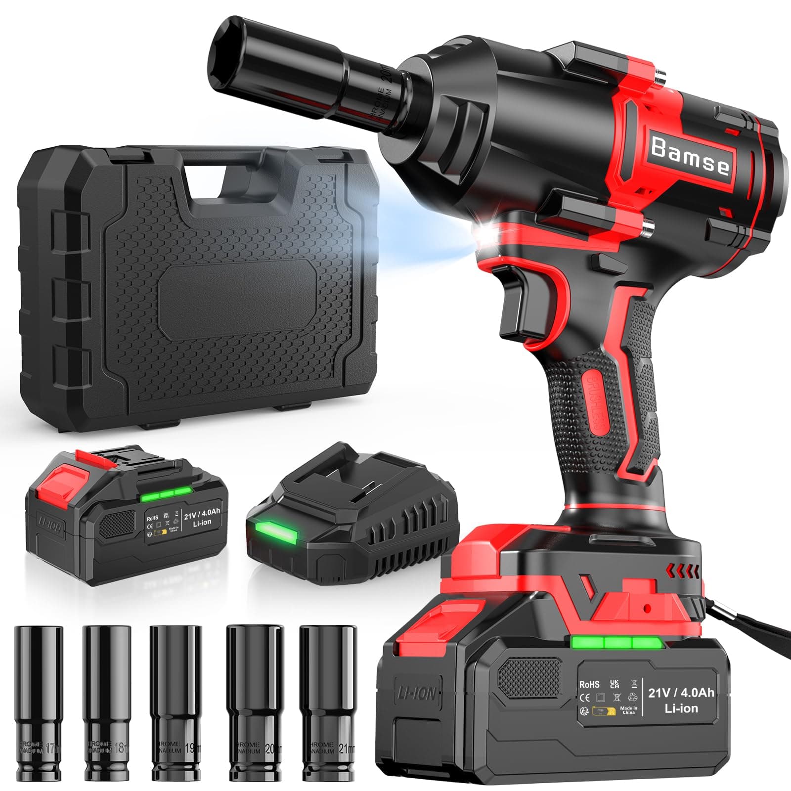 Bamse Avvitatore a Impulsi Brushless, 1000 Nm di Coppia Massima, Chiave a Percussione 1/2" ad Alta Potenza con Batterie da 4,0 Ah e Caricabatterie, 5 Bussole, Trapano a Impulsi Brushless per Auto Casa