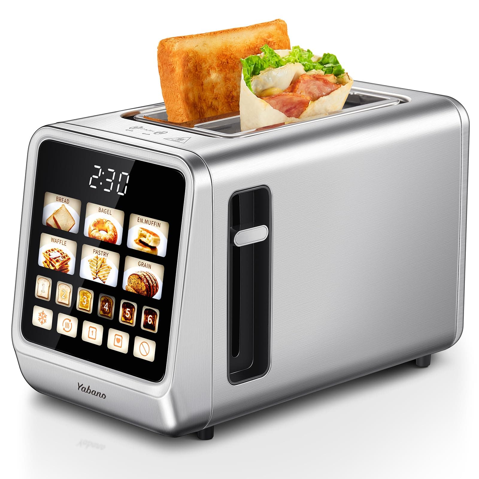 Yabano Tostapane 2 fette, touch screen, in acciaio inox, con conto alla | Grandi simboli delle immagini, fessure larghe 40 mm per bagel, 6 livelli di doratura, modalità singola fetta e memoria