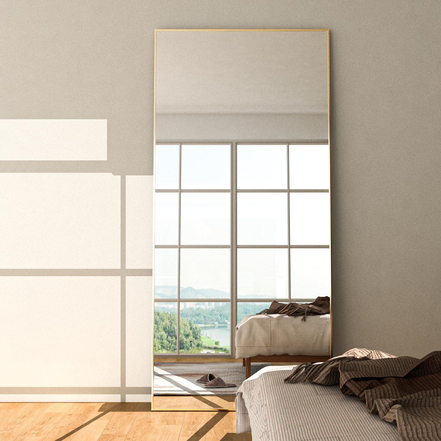 NEUWEABY Espejo de Cuerpo Entero 165 x 60 cm Espejo de Suelo Espejo Dorado Grande Cuerpo Espejos Rectangular Colgado de pie o Apoyado contra la Pared para Dormitorio Sala de Estar