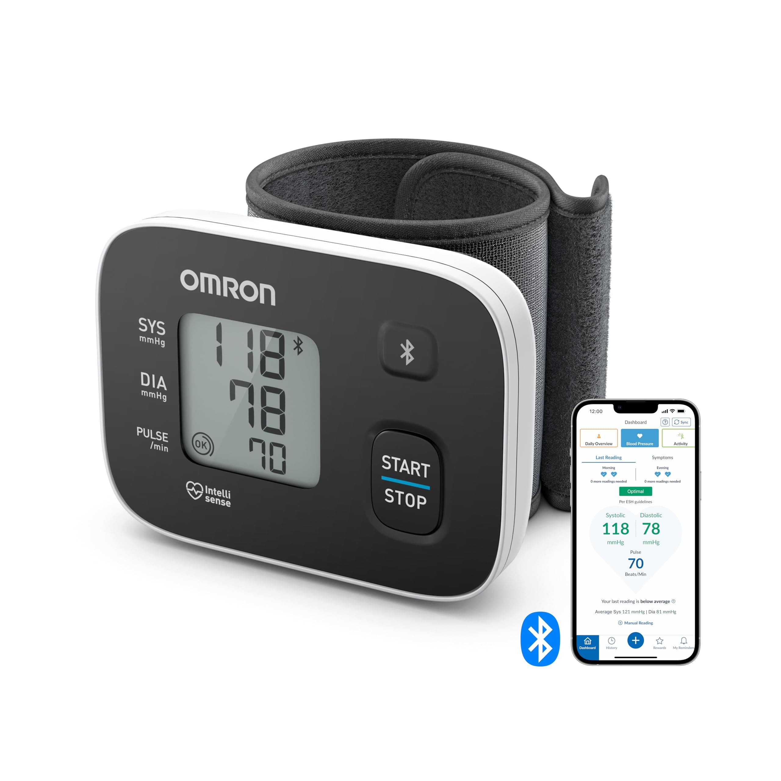 OMRON RS3 Intelli IT Appareil tension artérielle automatique au poignet – Connexion Bluetooth iOS/Android – Tensiomètre poignet portable cliniquement validé – Bracelet réglable 13,5 – 21,5 cm