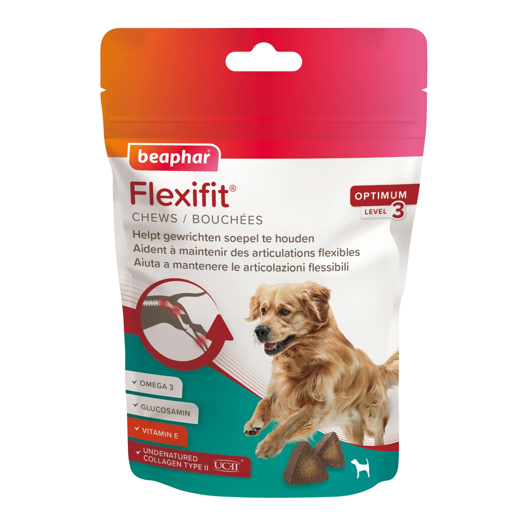 BEAPHAR – Bouchées Articulations Flexifit® pour Chiens – Contient vitamines, glucosamine, acides gras essentiels et collagène – Apporte un soutien aux articulations – Très appétentes – Niveau 3 – 175g