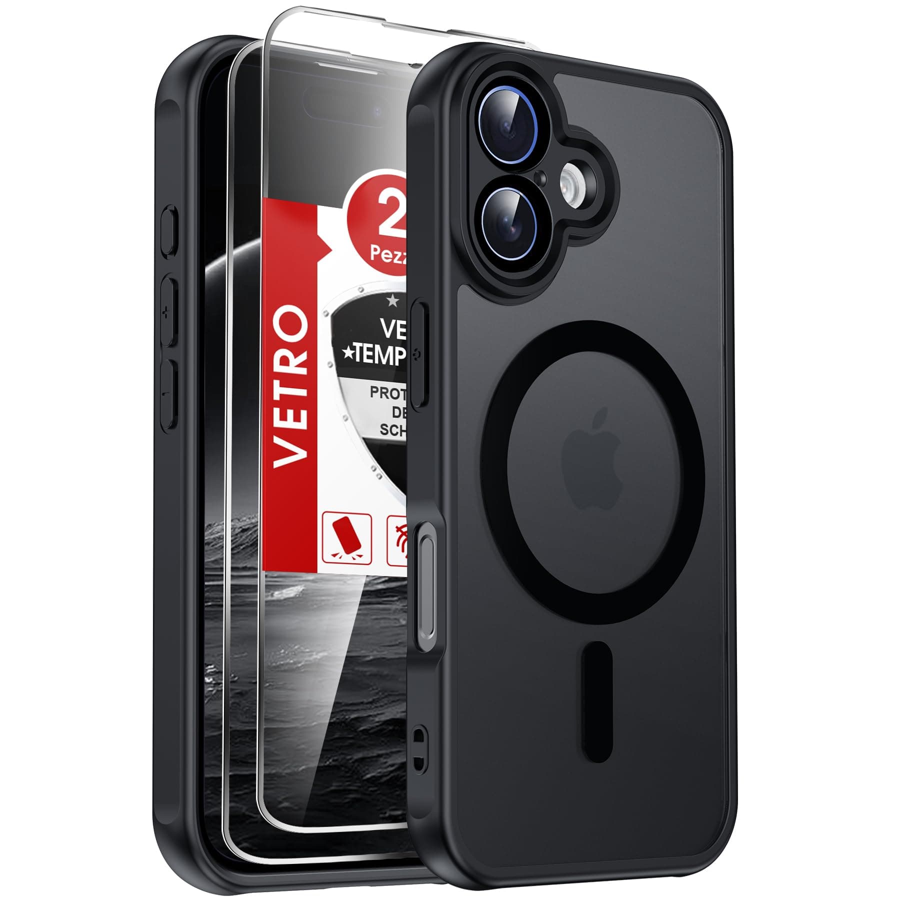 LeYi Cover Magnetica per iPhone 16 con 2 Pezzi Vetro Temperato, Custodia per iPhone 16 6,1 Pollici Traslucida Opaca Anti-Impronte Resistente ai Graffi Paraurti in TPU Antiurto Protettiva Case, Nero