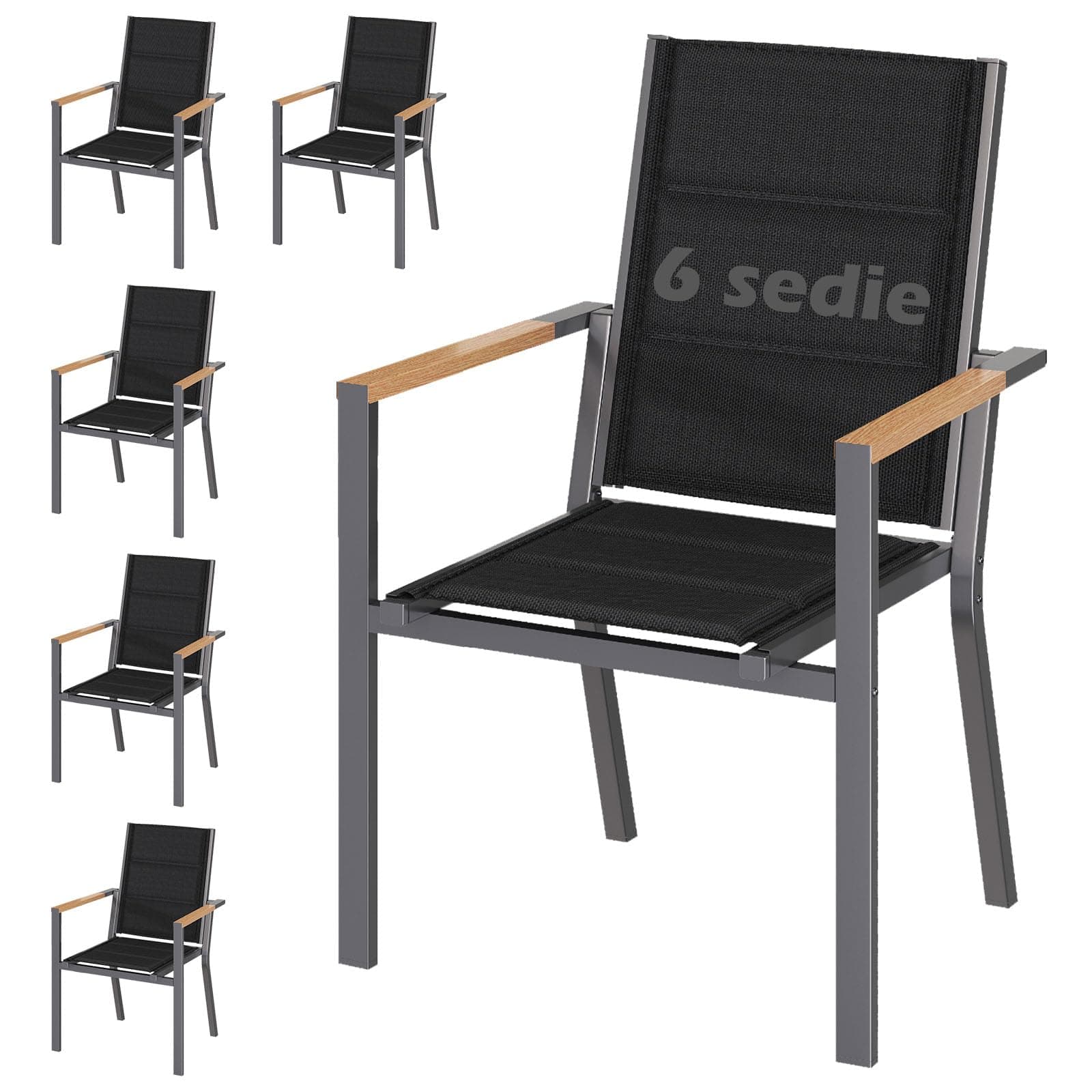 JUMMICO Sedia da Esterno con Struttura in Alluminio e Braccioli Effetto Legno – Seduta in Texlin, Impilabile e Riponibile sotto il Tavolo, Portata 160kg – Perfetta per Giardino, Cortile, Balcone