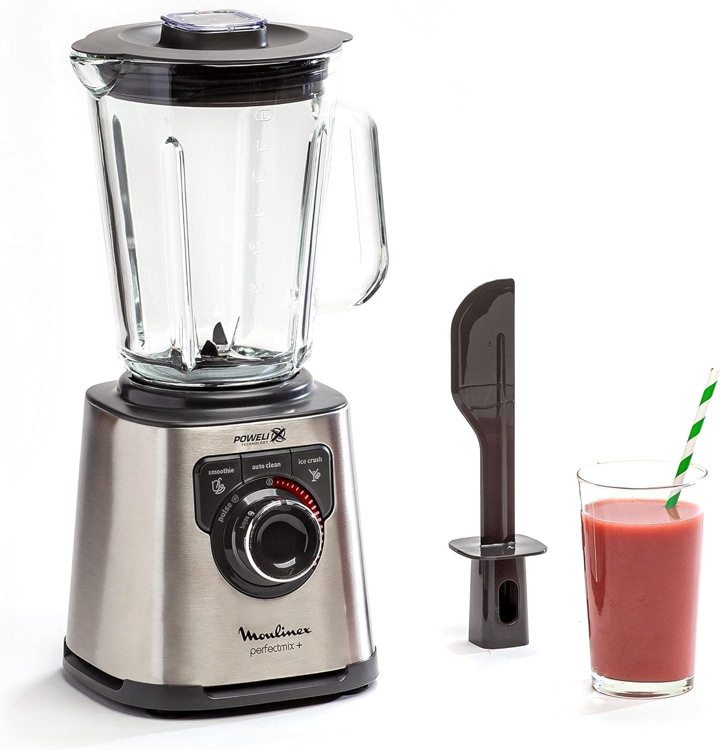 Moulinex Perfect Mix+, Batidora de vaso 1200 W, jarra de vidrio resistente, acabados en acero inoxidable, selector de velocidad retroiluminado, 3 programas automáticos, modo manual y autoclean, LM811D