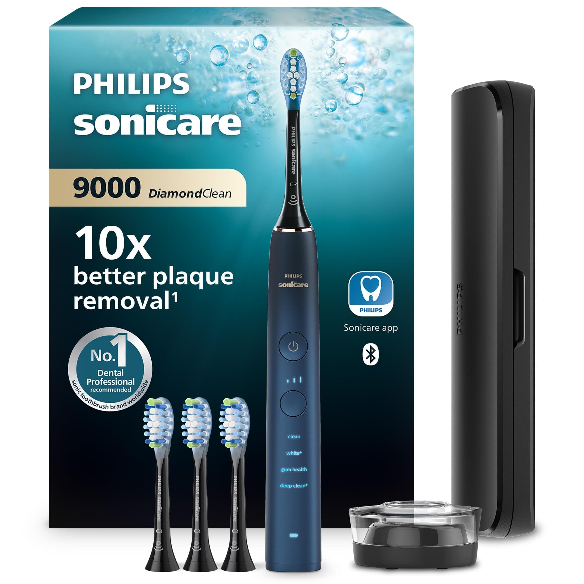 Philips Sonicare DiamondClean 9000 - Brosse à dents électrique avec application, Édition spéciale, Capteur de pression, Socle de charge, Bleu marine, modèle HX9911/89