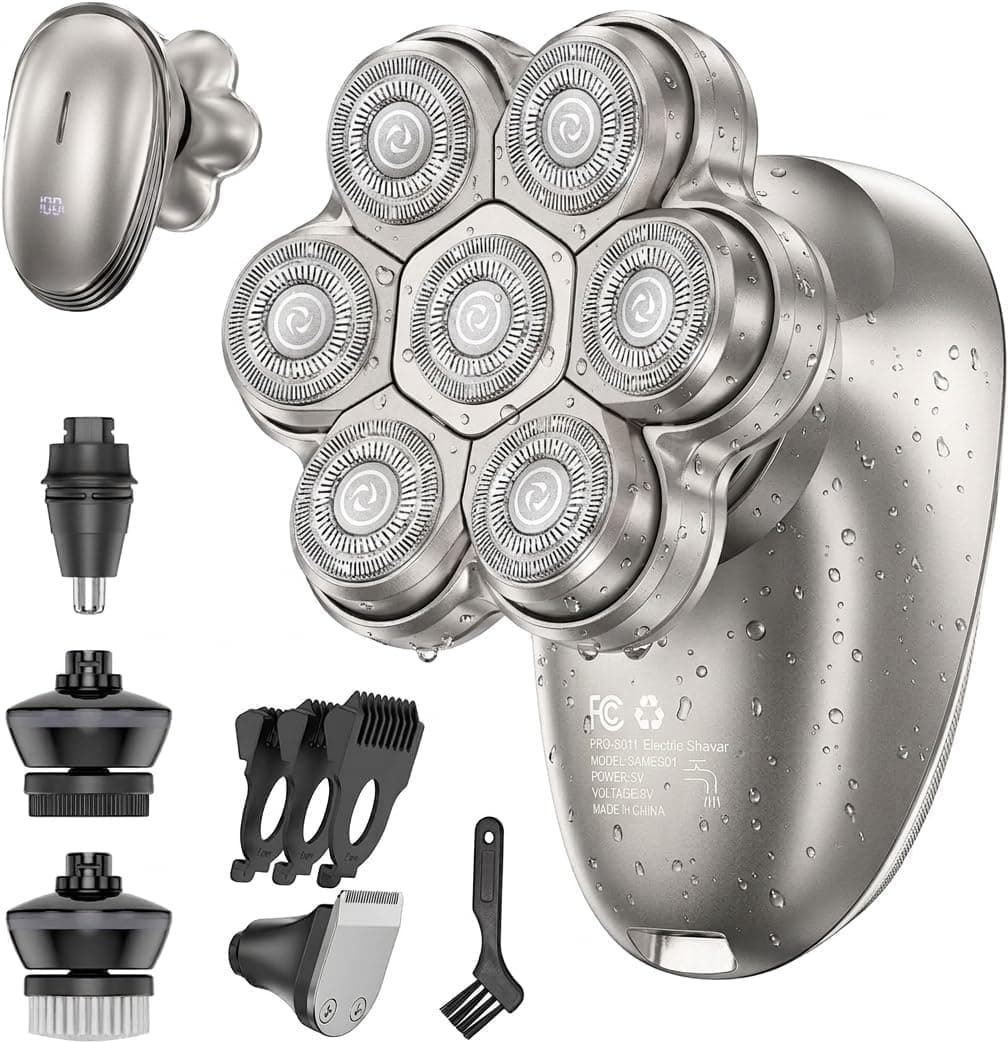 Rasoir Tête Chauve Homme 7D, Rasoir Crâne Homme Électrique 5 en 1, Têtes Flottantes, Étanche, Écran LED, Rechargeable USB-C, Tondeuse Multifonction pour Crâne et Visage