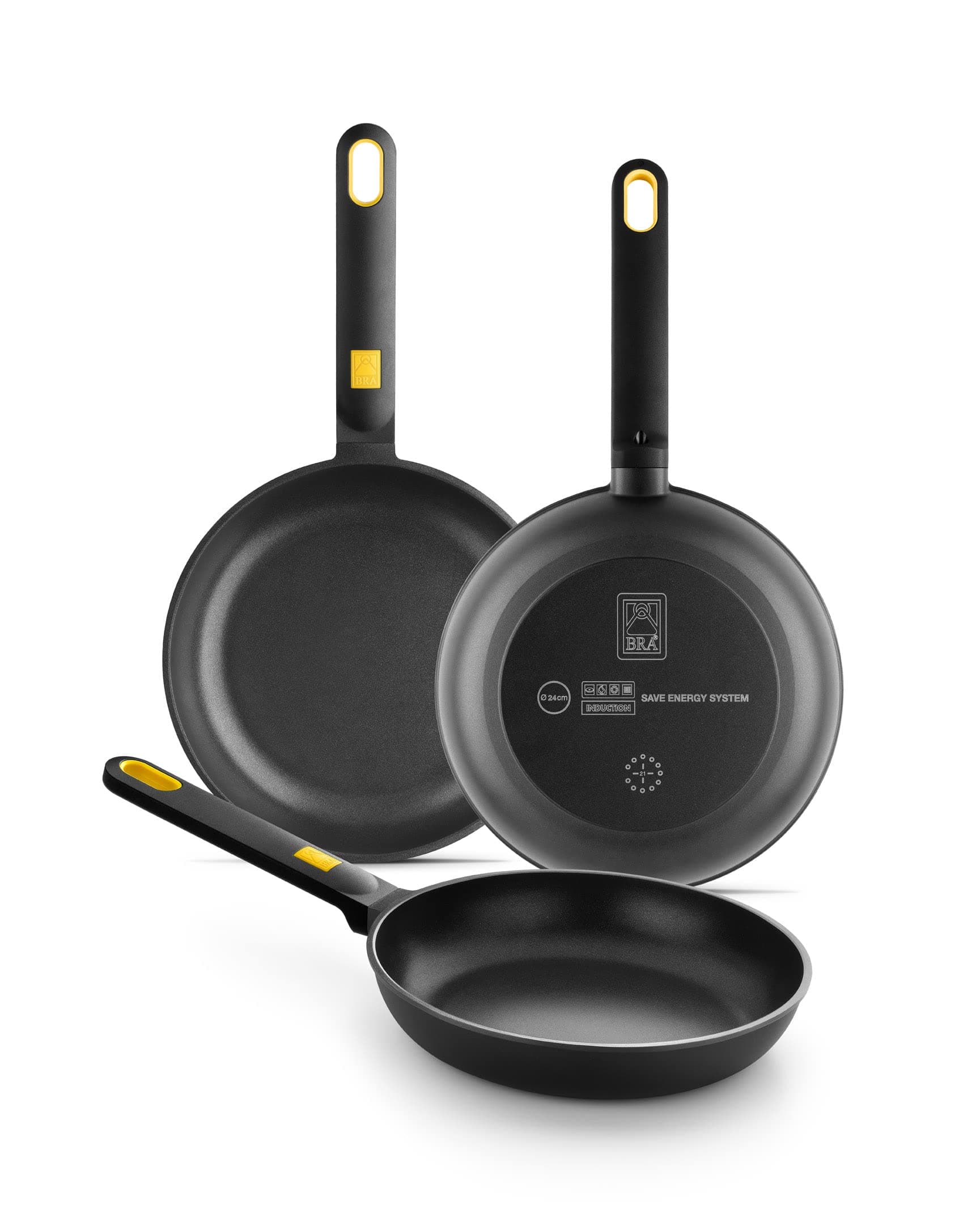 BRA Daily Pro | Set 3 sartenes aluminio fundido 20-24-28 cm antiadherentes tricapa sin PFOA, aptas para todo tipo de cocinas e inducción, Color Negro Y Amarillo