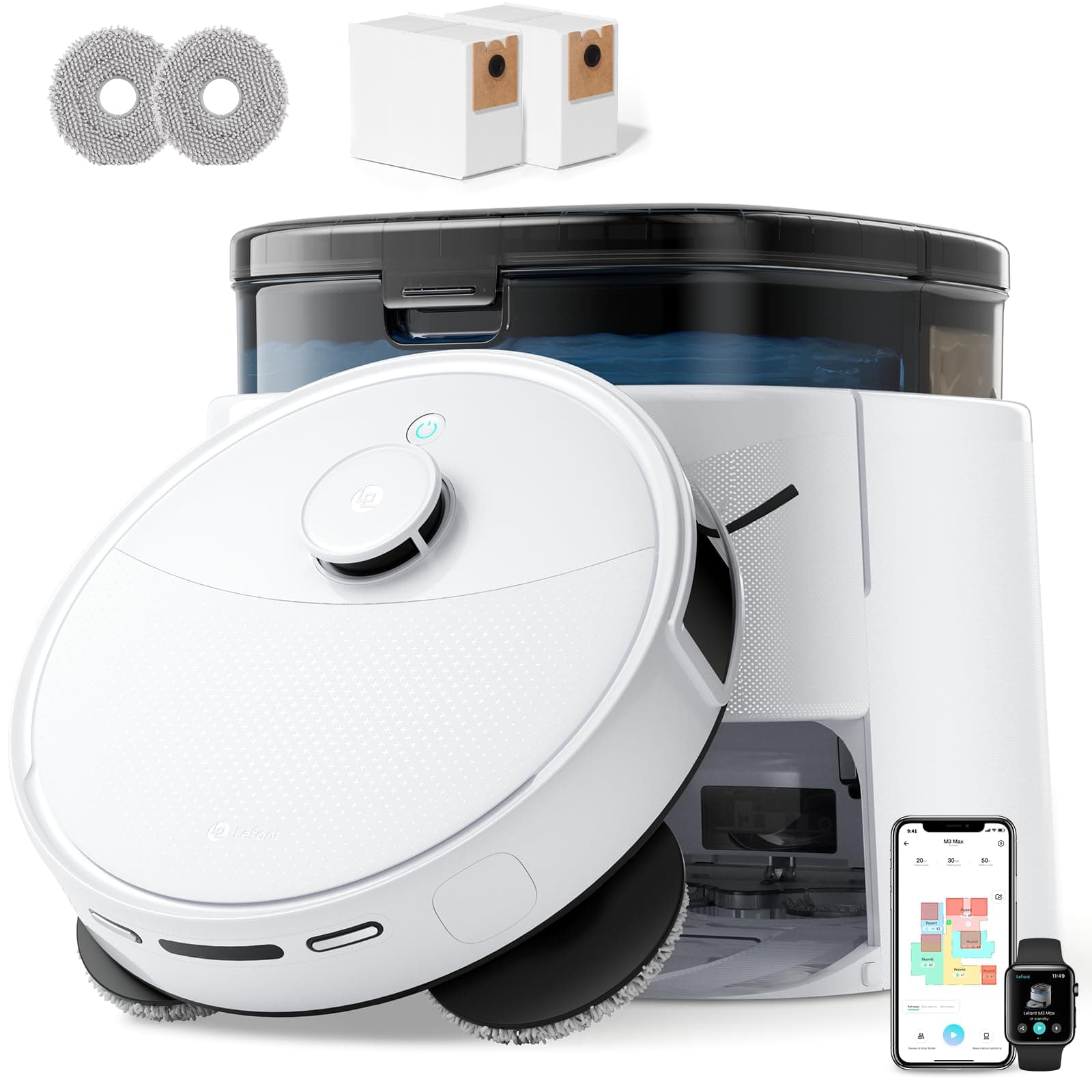 Lefant M3 Robot Aspirador y Fregasuelos, Potente Succión de 12000 Pa, Doble Giro Fregar, Lavado y Secado Automático, Vaciado Automático para 3,2 L, Cepillos Antienredos, App/Alexa/iWatch, 2,4 G y 5G