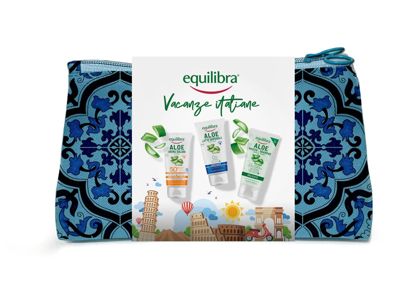 equilibra, Pochette Vacanze Italiane, con Aloe Crema Solare SPF 50+, Aloe Latte Doposole, e Aloe Doccia-Shampoo, in Pratico Formato da Viaggio, Dermatologicamente Testati, Adatti a Pelli Sensibili