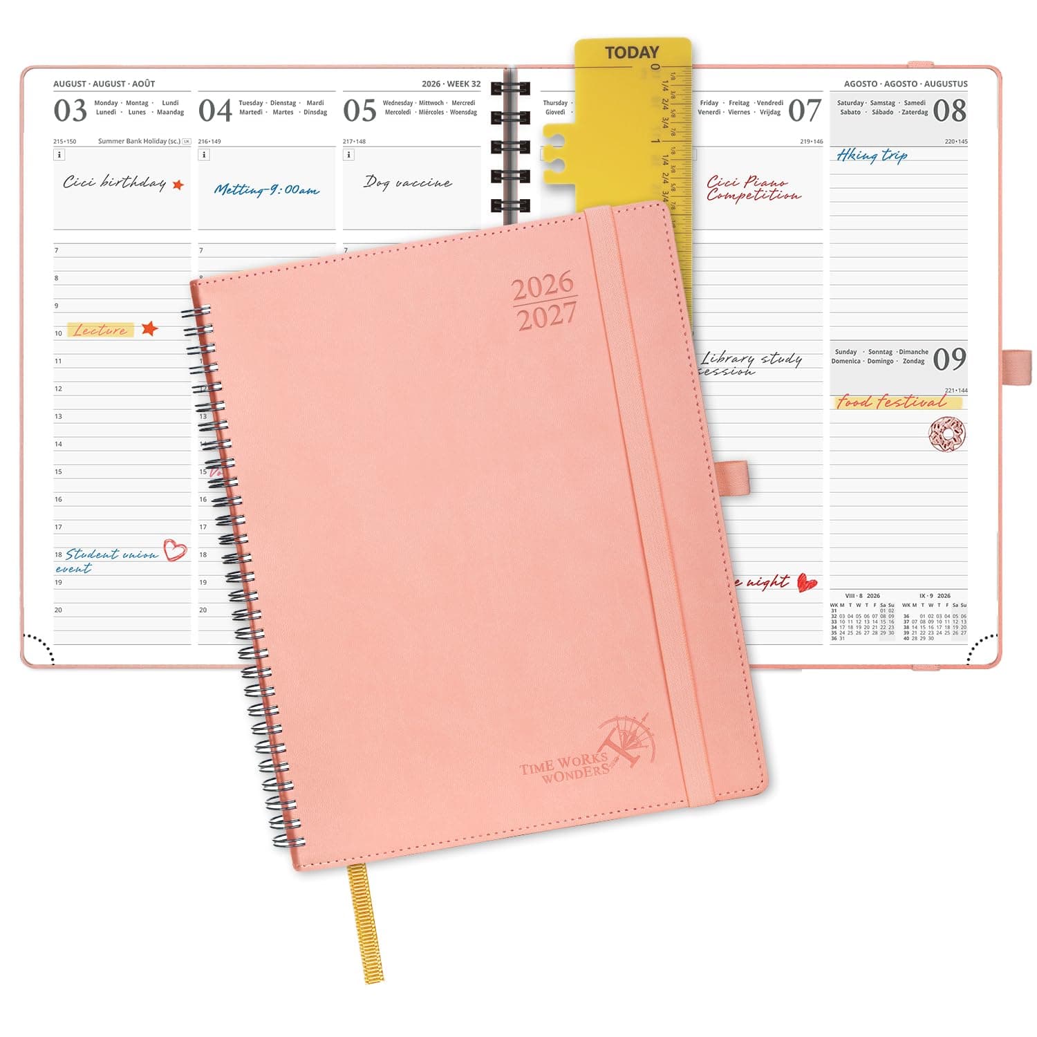 POPRUN Agenda 2026 2027 Semainier 26,5 x 21,5 cm D'Août 2026 à Déc 2027 | Planner Vertical Scolaire 17 Mois avec Couverture Souple Spirale,Règle-signet,Papier 80g/m²,Rose