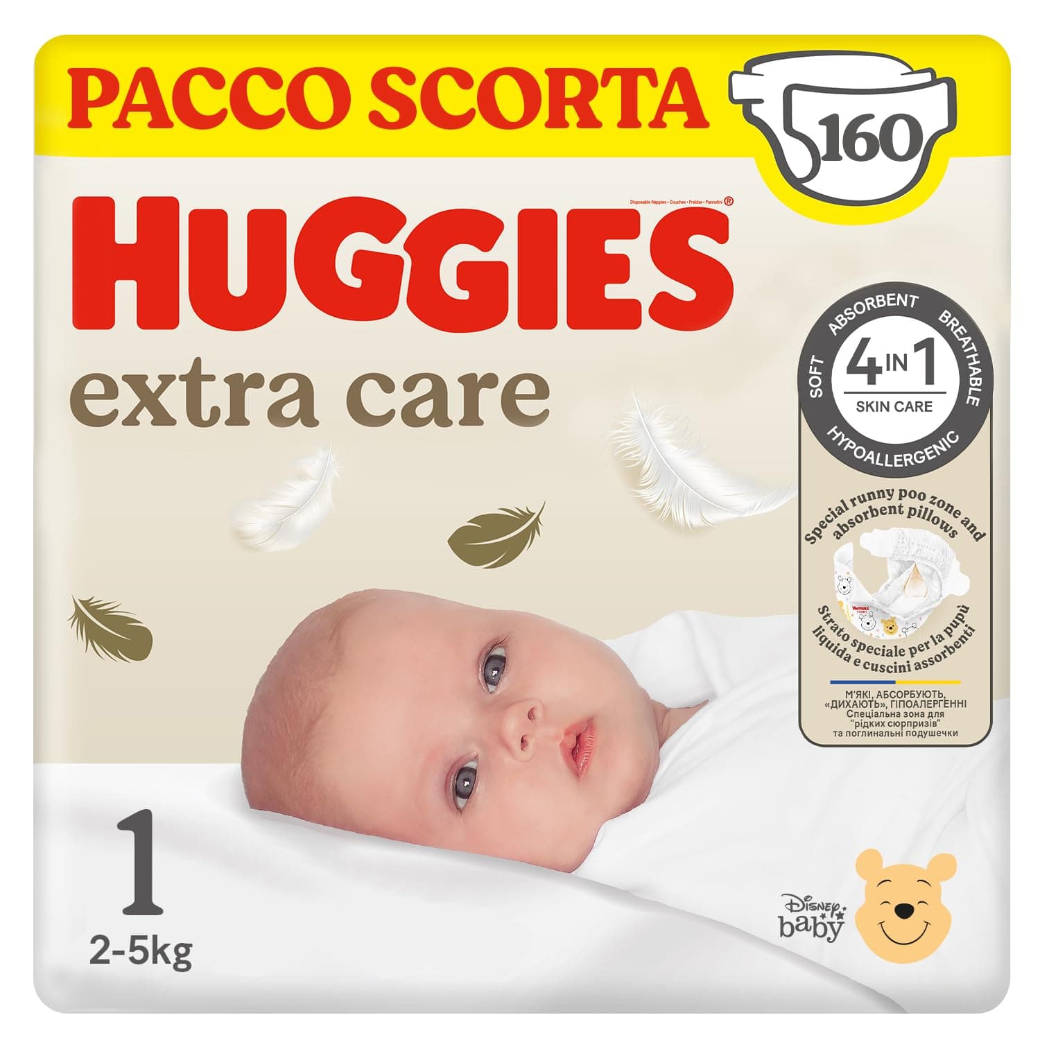Huggies Extra Care Neonato, 160 Pannolini, Taglia 1 (2-5Kg), Pacco Scorta