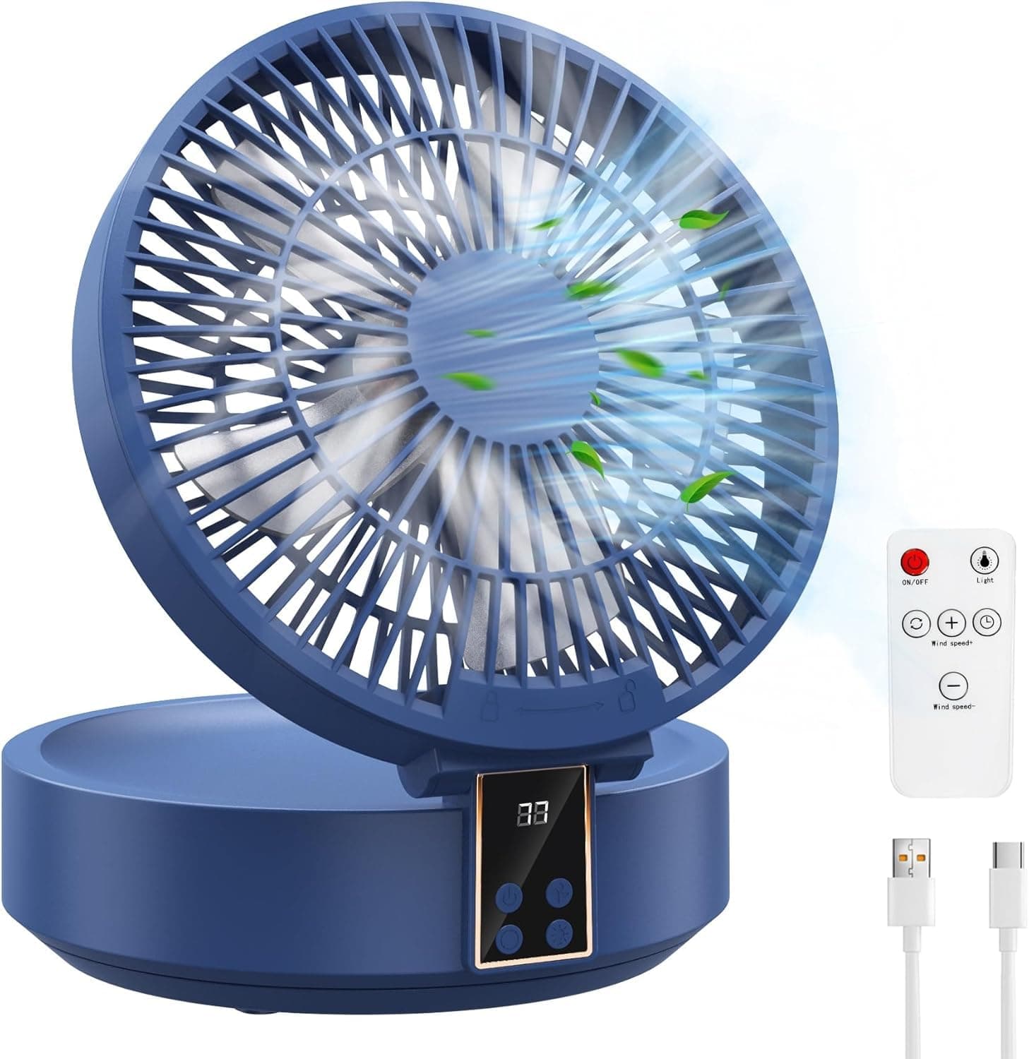 Ventilateur Silencieux Ultra Puissant, Ventilateur de Table Portable, Ventilateur de Bureau USB Rechargeable, 4000mAh Batterie 120°Rotative Table Fan avec LED, Télécommande, Minuterie, 3 Vitesses