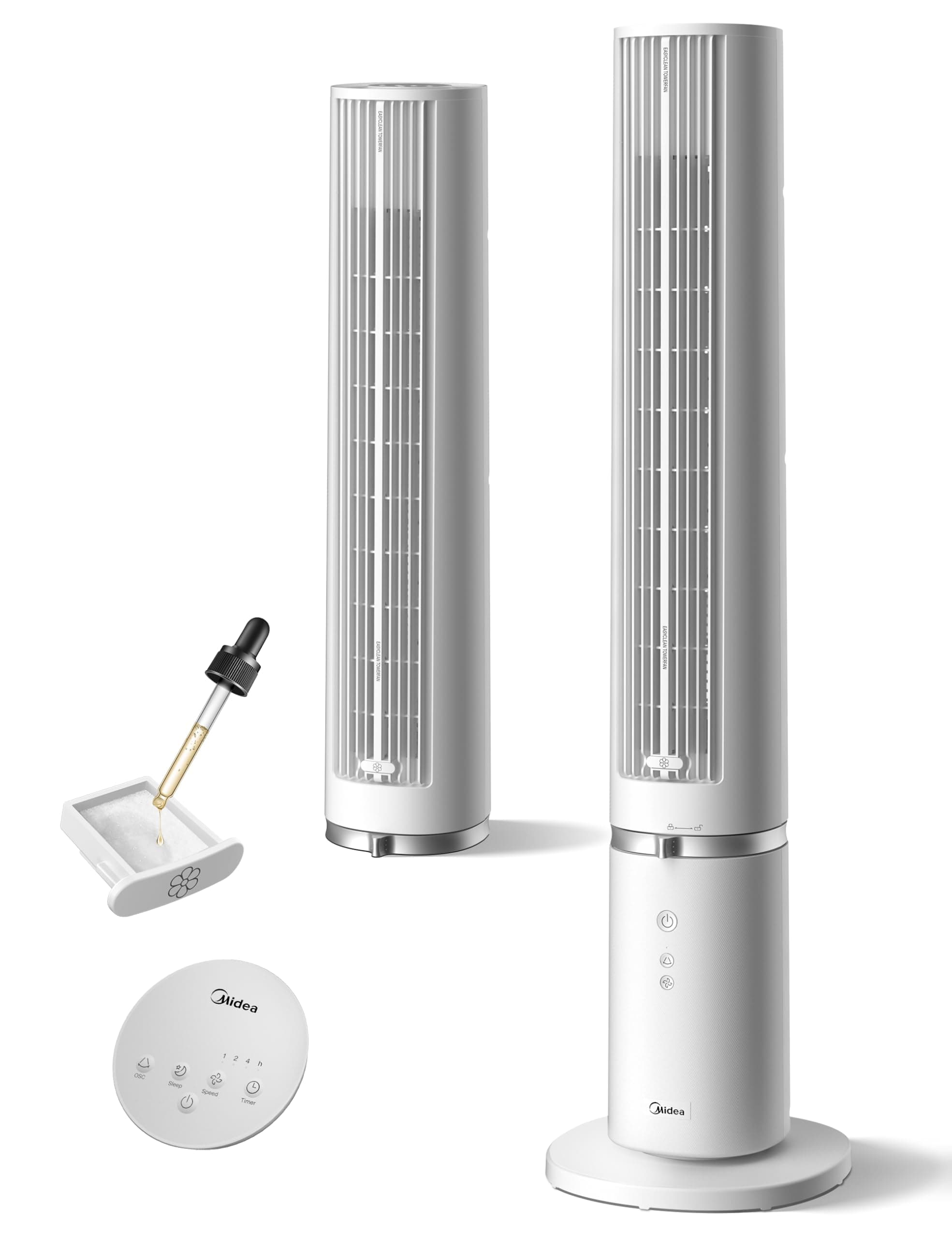 Midea Ventilateur Tour Blanc 103cm pour Chambre, Refroidissement Puissant 9m/s, Omni-Télécommande, Oscillation 90° avec Design Innovant Détachable et Lavable, 4 Vitesses, Minuterie 7H, 28 dB