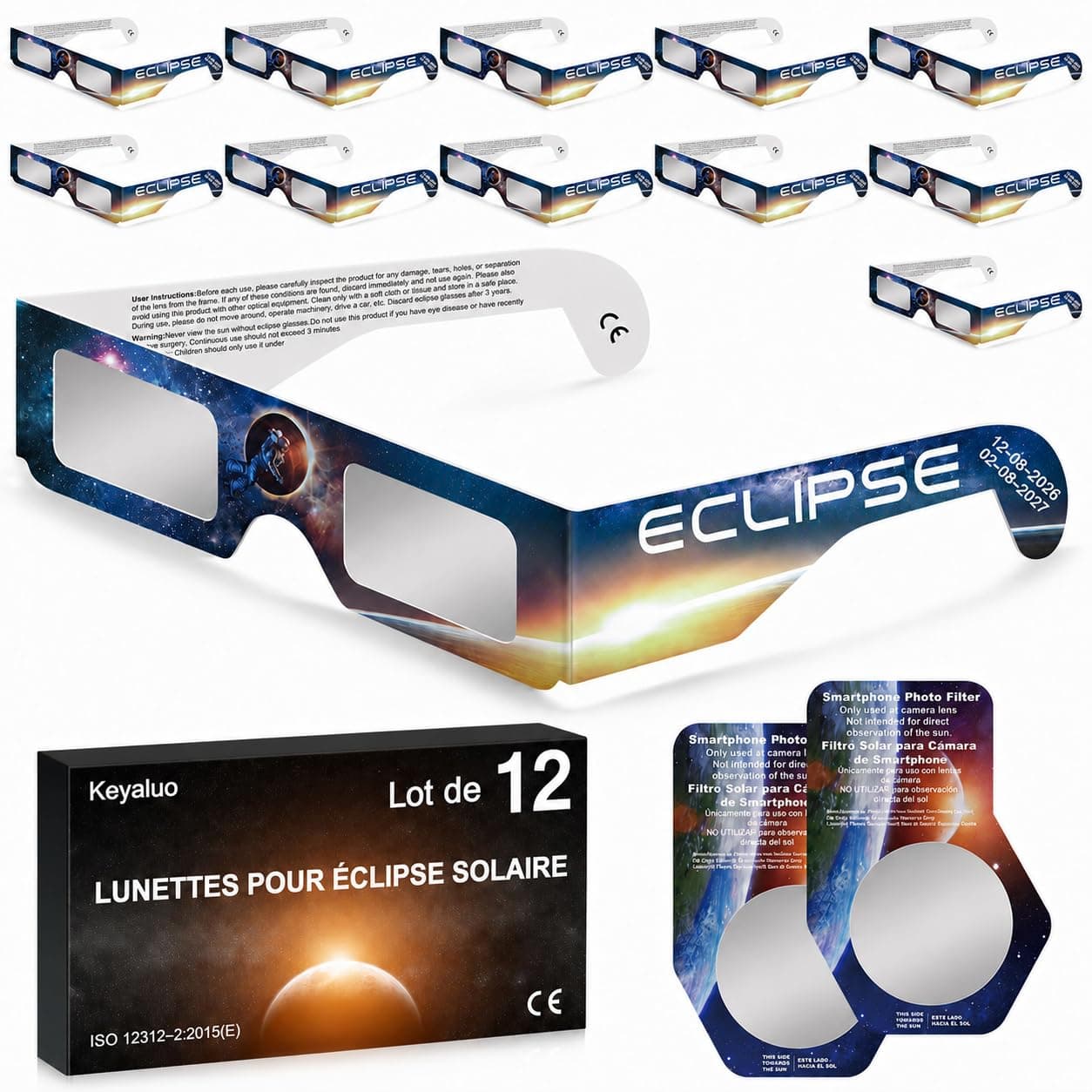 Keyaluo Lot de 6/12/100 Lunette eclipse solaire,EN ISO 12312-2:2015(E) et CE Certifiees,approuvées AAS 2026,lunettes eclipse solaire pour une observation directe du soleil