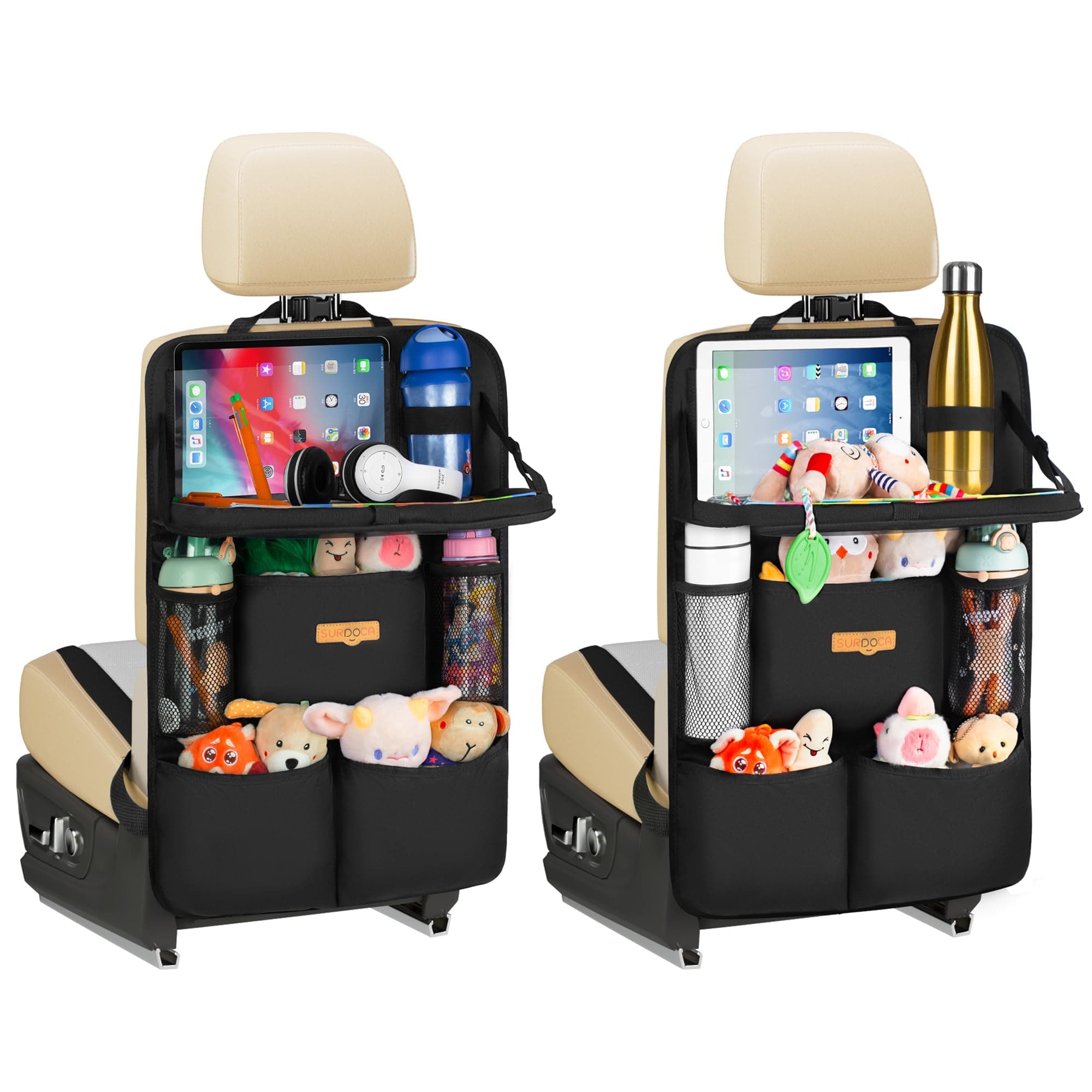 SURDOCA Organiseur de siège arrière de voiture avec plateau pliable pour enfants et adultes – Nouveau modèle de rangement pour siège avec poche pour tablette tactile, essentiels de voyage – S'adapte à