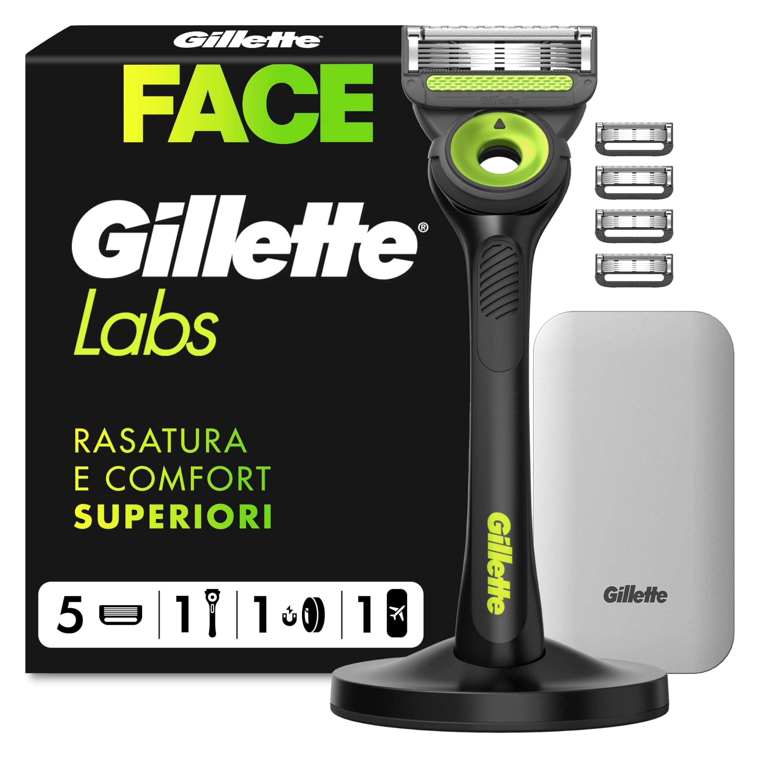 Gillette Labs Rasoio Uomo, con 5 Lamette da Barba di Ricambio, Base Magnetica e Barra Integrata Elimina Impurità Pelle, Rasatura Facile, Comfort Ottimale, Custodia da Viaggio, Nero, Idea Regalo