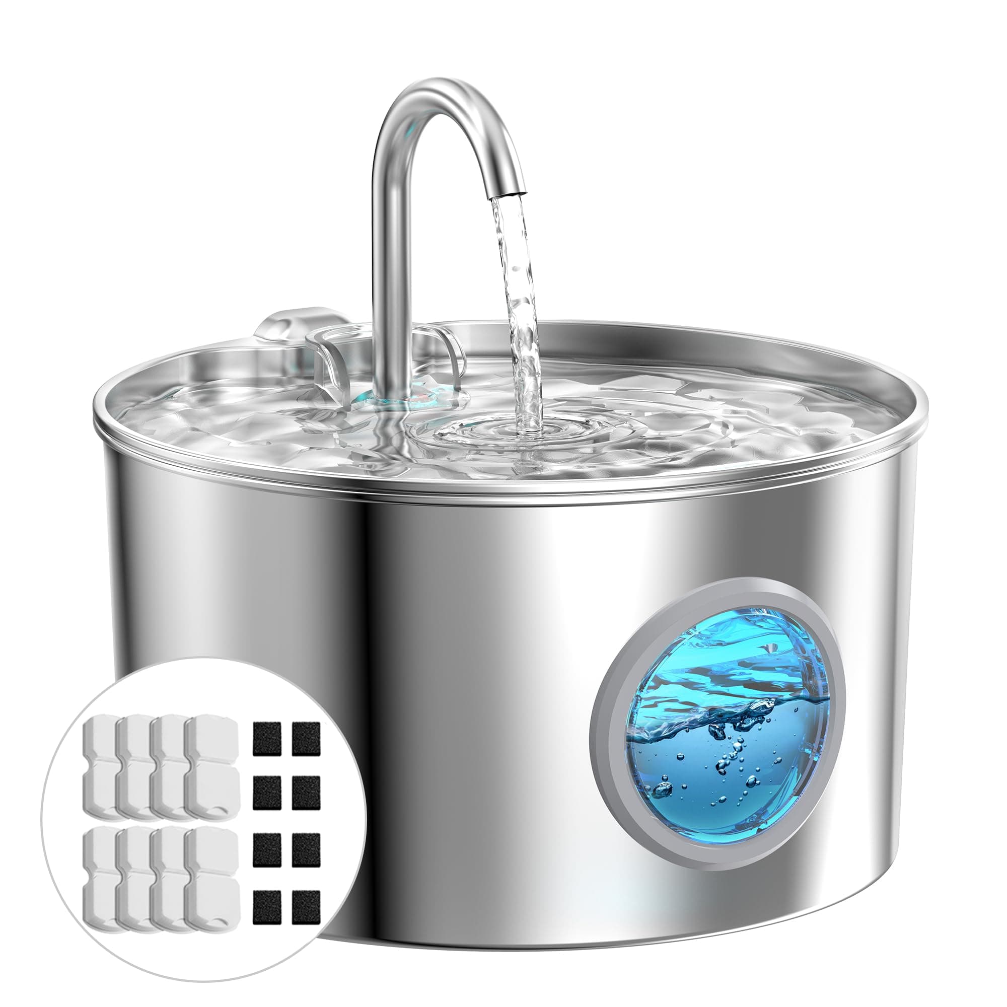 Fuente para Gatos Acero Inoxidable: Bebedero Gatos Automatico + 16 Filtros | 2.2L Fuente Gatos + con 8 Filtros + 8 Esponjas - Fuentes de Agua para Gato Silencioso - Dispensador Agua Gato con Ventana