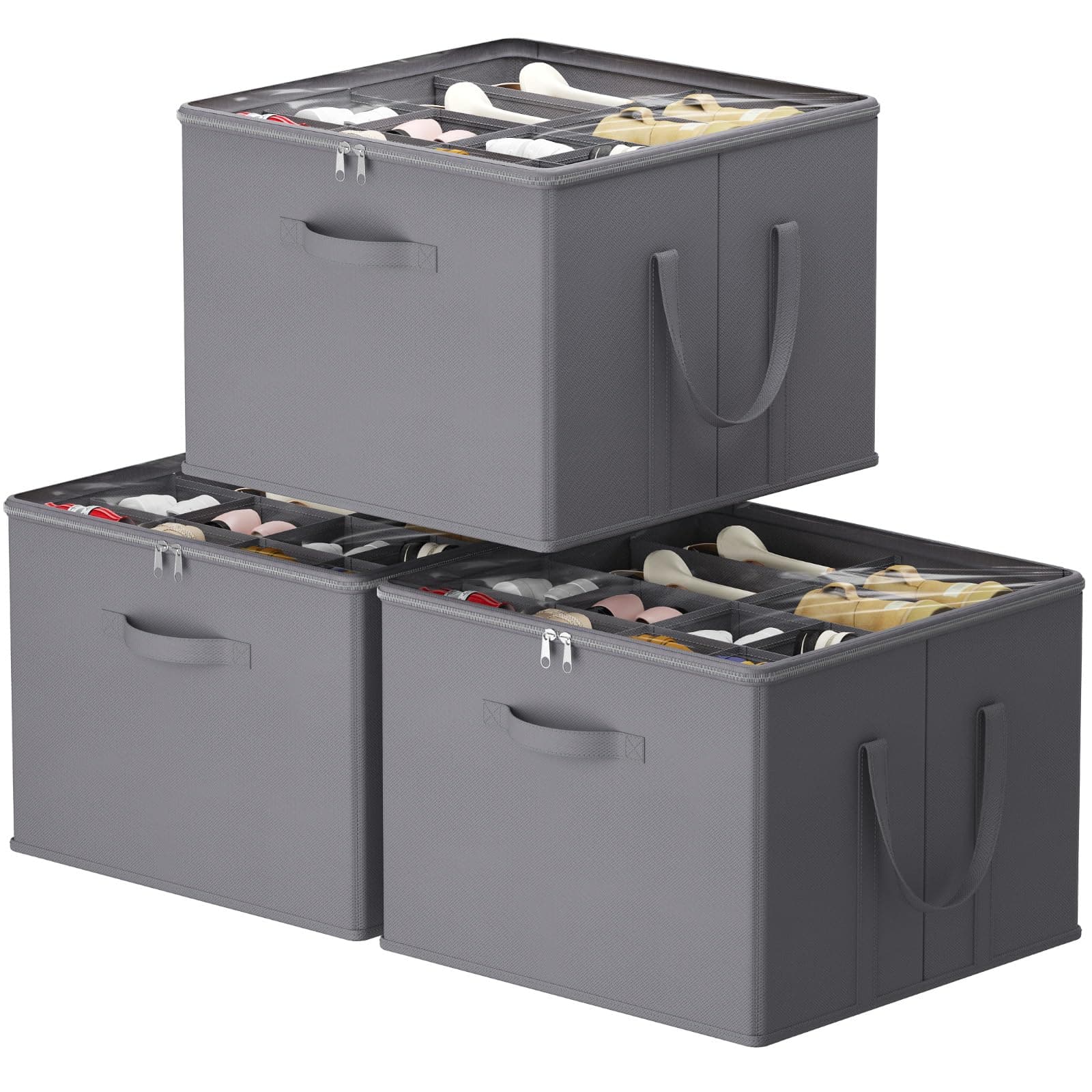 Lifewit Organizador Zapatos para Armario, Caja Almacenaje para 12-16 Pares con Tapa de PVC Transparente, Zapatero Plegable con Divisiones para Zapatillas y Botines, 43 x 43 x 31 cm, Gris, 3 Piezas