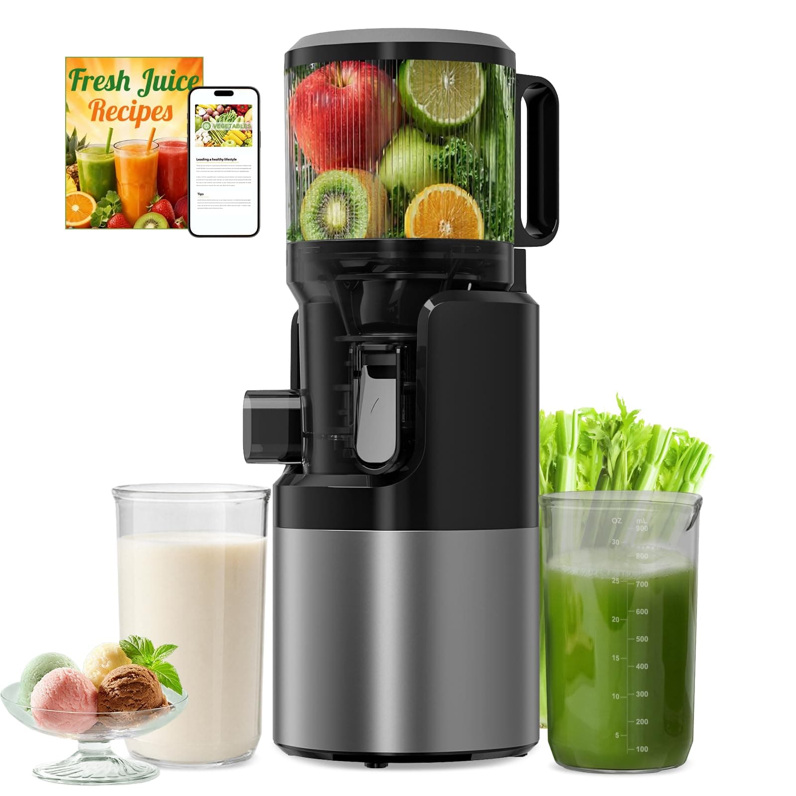 Extracteur de Jus à Froid 400W Slow Juicer, Goulotte XL 152 mm pour Fruits et Légumes Entiers, Haut Rendement, Tamis 3-en-1 pour Jus, Sorbet & Lait Végétal, Sans BPA, Compatible Lave-Vaisselle, 1,8L