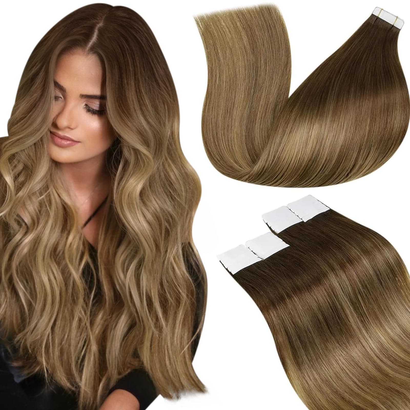 LaaVoo Extension Biadesive Capelli Veri 20pz Marrone Ombre a Marrone Chiaro Biadesivo Extension Umani Lisci Remy Extension Capelli Veri Invisibili Adesive 35cm 50g #6/8/14