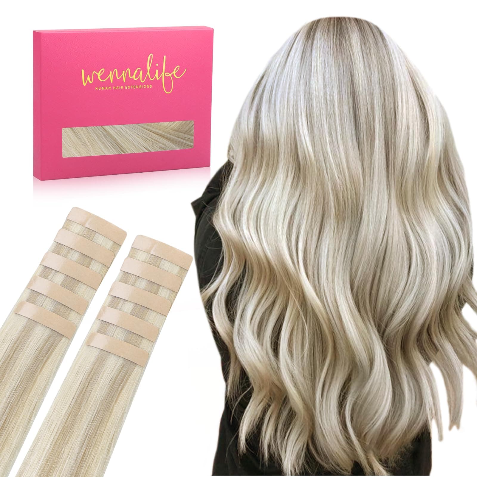 WENNALIFE Extension Capelli Veri Biadesivo, 10pz 25cm 20g Biondo Cenere con Riflessi Biondo Platino Extension Biadesive Capelli Veri Lisci Remy Tape in Hair Extensions Capelli Setosi