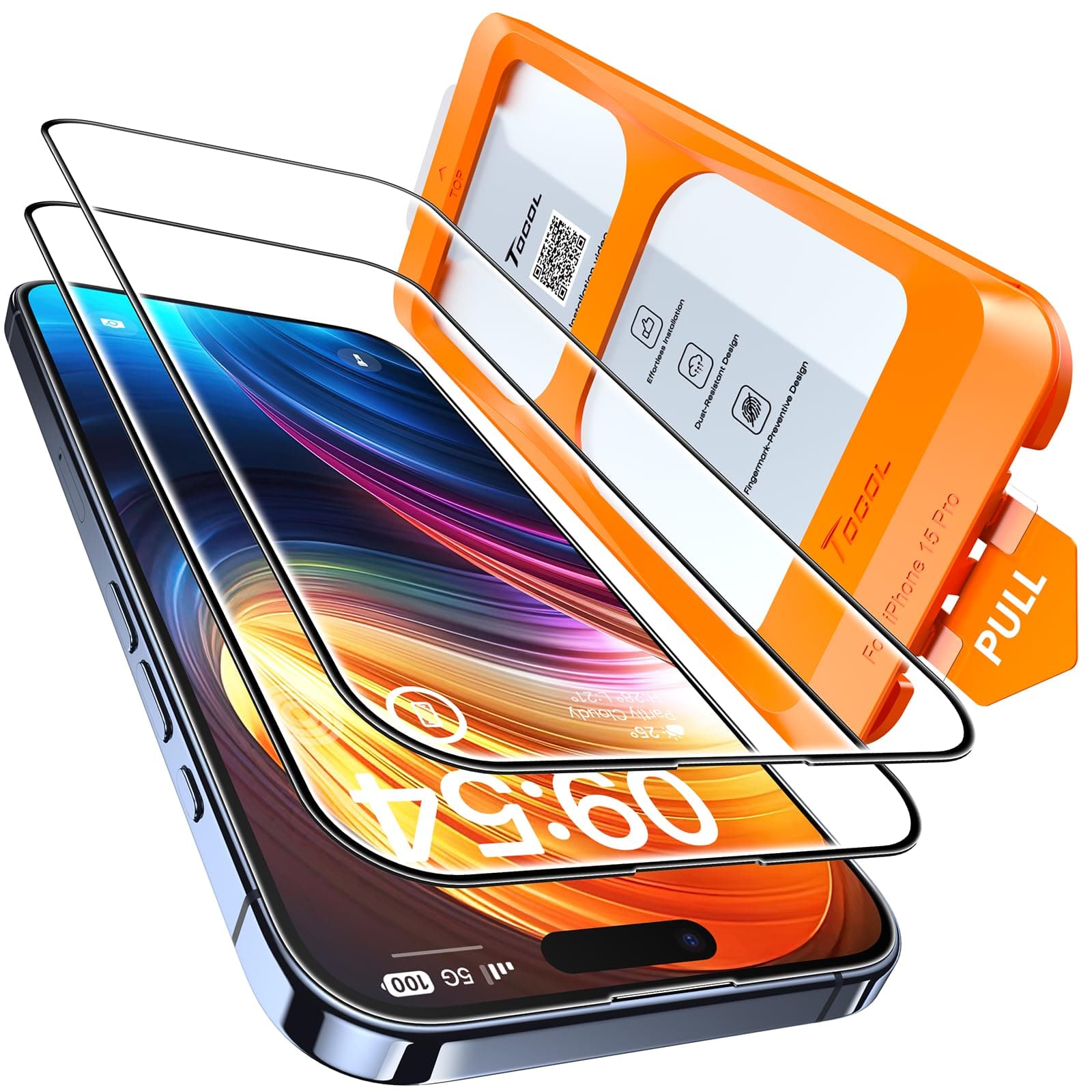 TOCOL Verre Trempé pour iPhone 15 Pro, Dépoussiérage Automatique, Sans Bulles, Dureté 9H, Couverture Complète Protection écran, Coques de Téléphone Compatibles, 2 Pièces