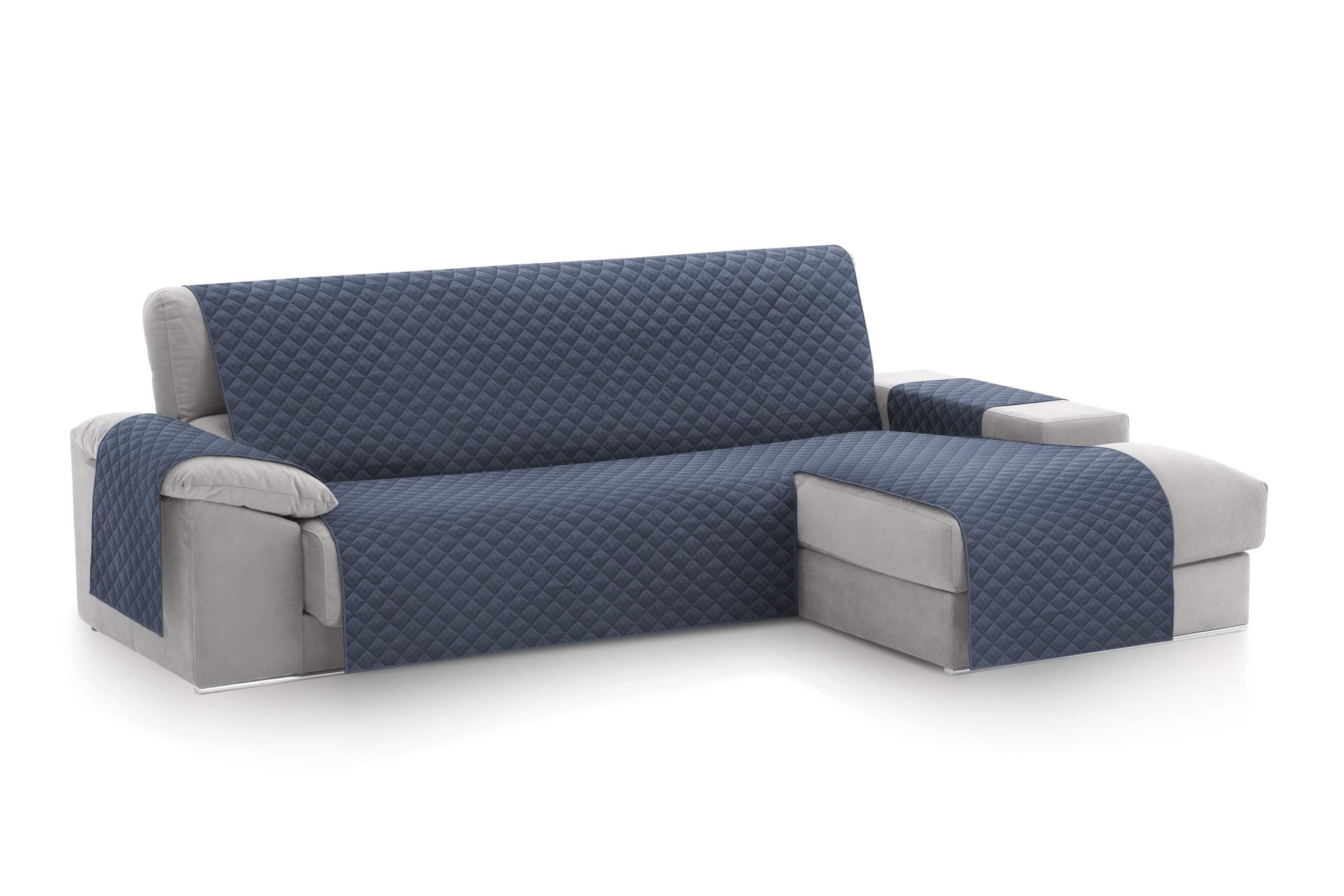 Textilhome Copridivano Chaise Longue con Penisola Malu 240cm – Salvadivano Trapuntato Universale con Bracciolo Destro, Protezione per Animali Domestici, Colore Blu (Visto da Davanti)