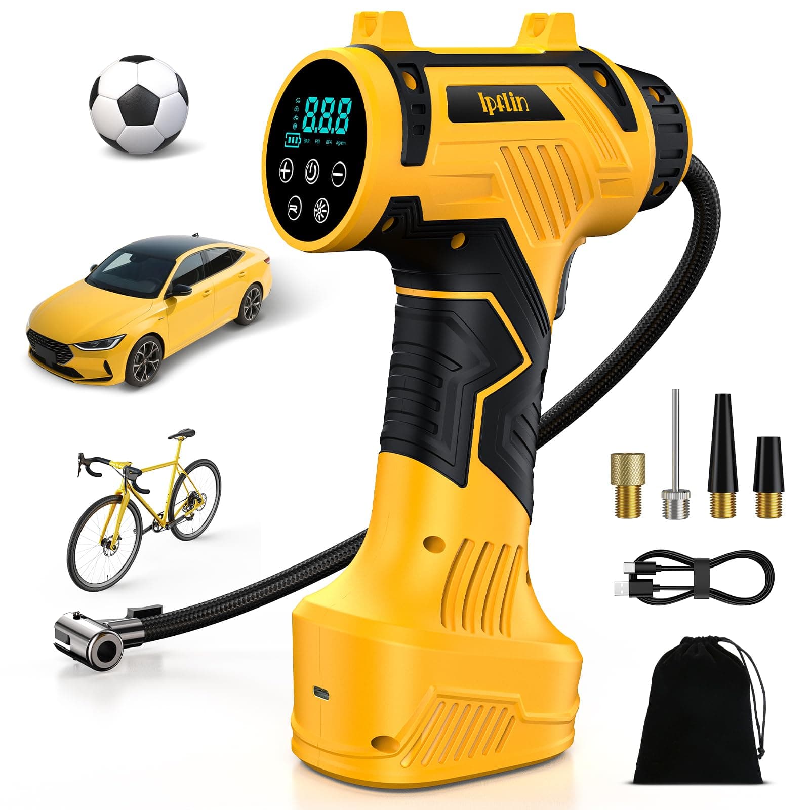 Ipflin Gonfleur Pneus Voiture Sans Fil – 150PSI 22L/Min Compresseur d‘Air Portatif, Batterie Rechargeable avec Arrêt Auto, Écran LED & 4 Modes:Voiture/Vélo/Moto/Ballon