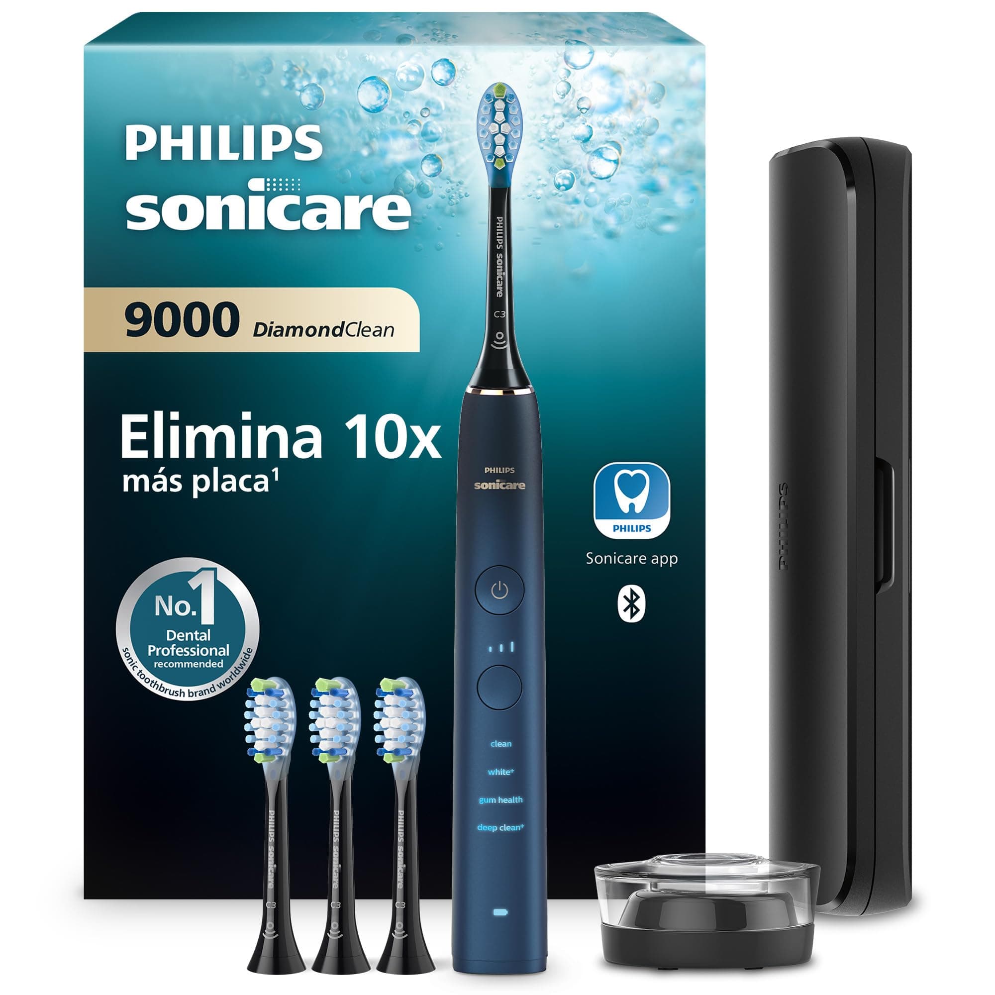 Philips Sonicare DiamondClean 9000, cepillo dental eléctrico, edición especial, cepillo dental sónico con aplicación, sensor de presión, soporte de carga, color aguamarina, modelo HX9911/89