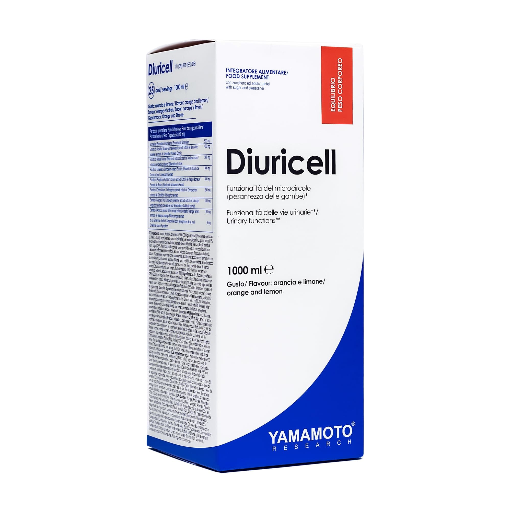 YAMAMOTO Research, Diuricell 1L, Integratore di Estratti Vegetali Drenante, Ideale Gonfiore, Ritenzione Idrica e Anticellulite, Gusto Arancia e Limone