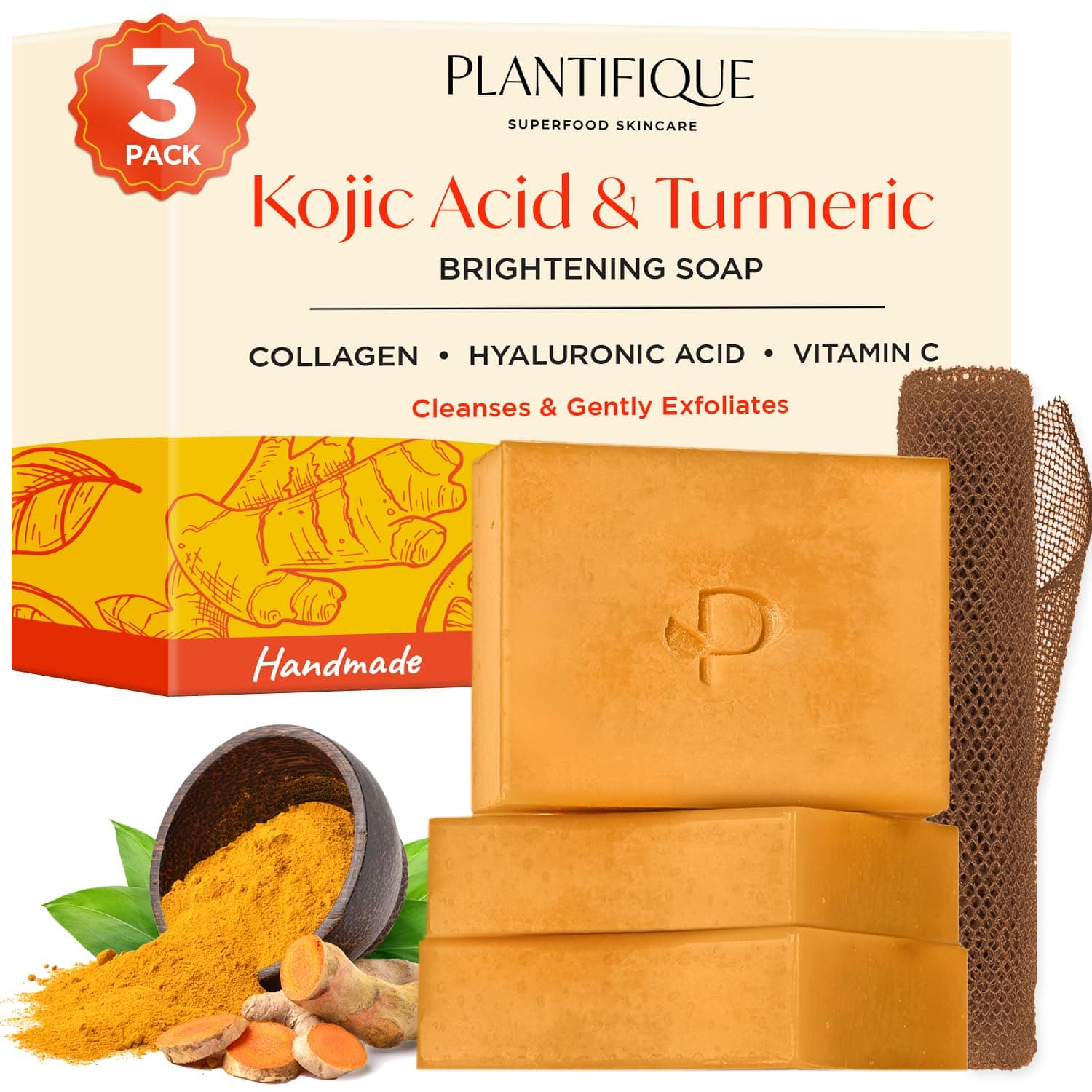 PLANTIFIQUE Jabón de Cúrcuma y Ácido Kójico, 3 Barras con Red Africana - Jabon Cara para Manchas, con Vitamina C Ácido Hialurónico y Colágeno - Turmeric & Kojic Acid Soap 240 g