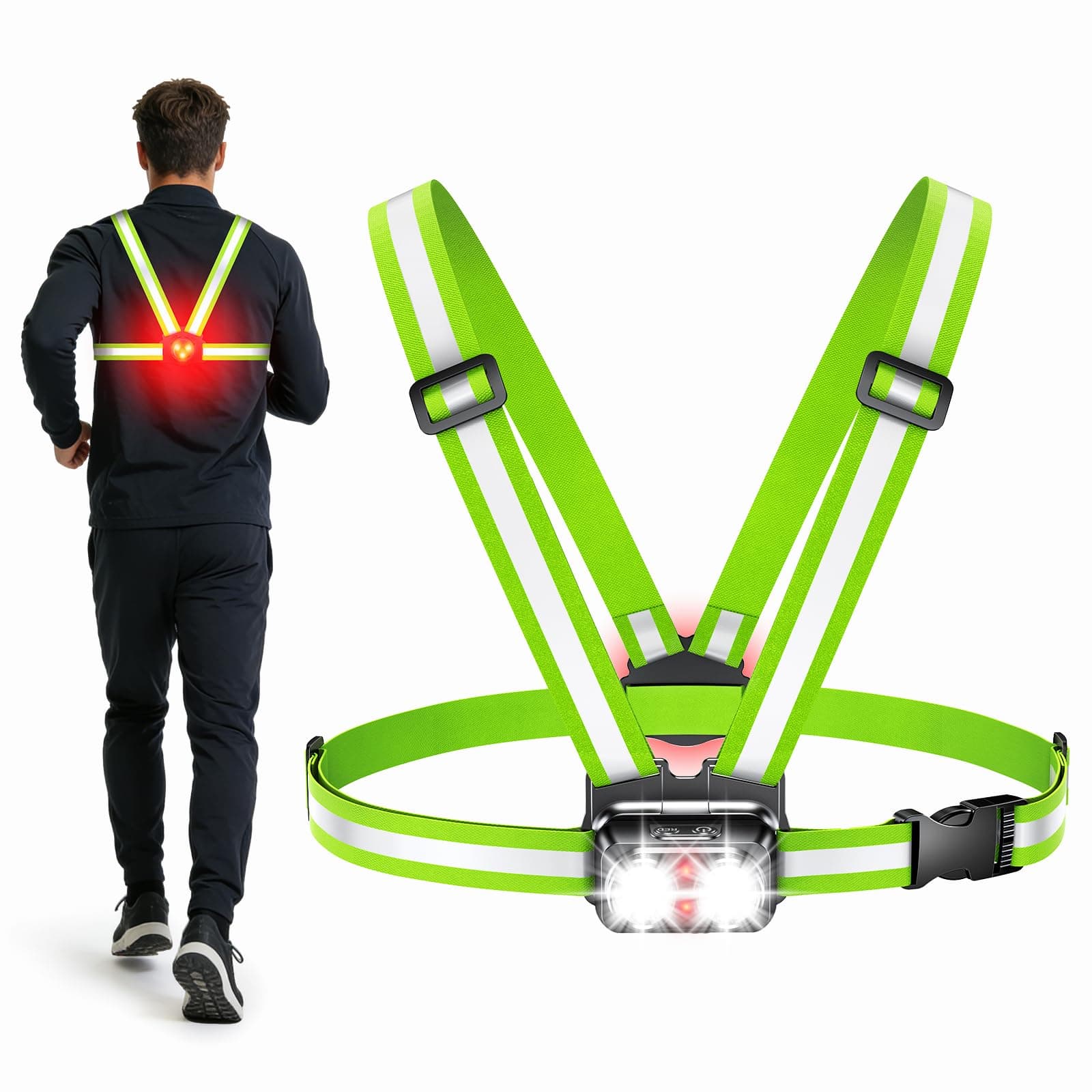 EOIWUY 800LM Lampe Running Pectorale Avec Feu Arrière, 7+2 Modes Lumiere | Lampe Course a Pied, 45°Réglable & 360°Gilet Reflechissant Running, Étanche IPX4 Pour Vélo/Jogging, Remplacer Lampes Frontale