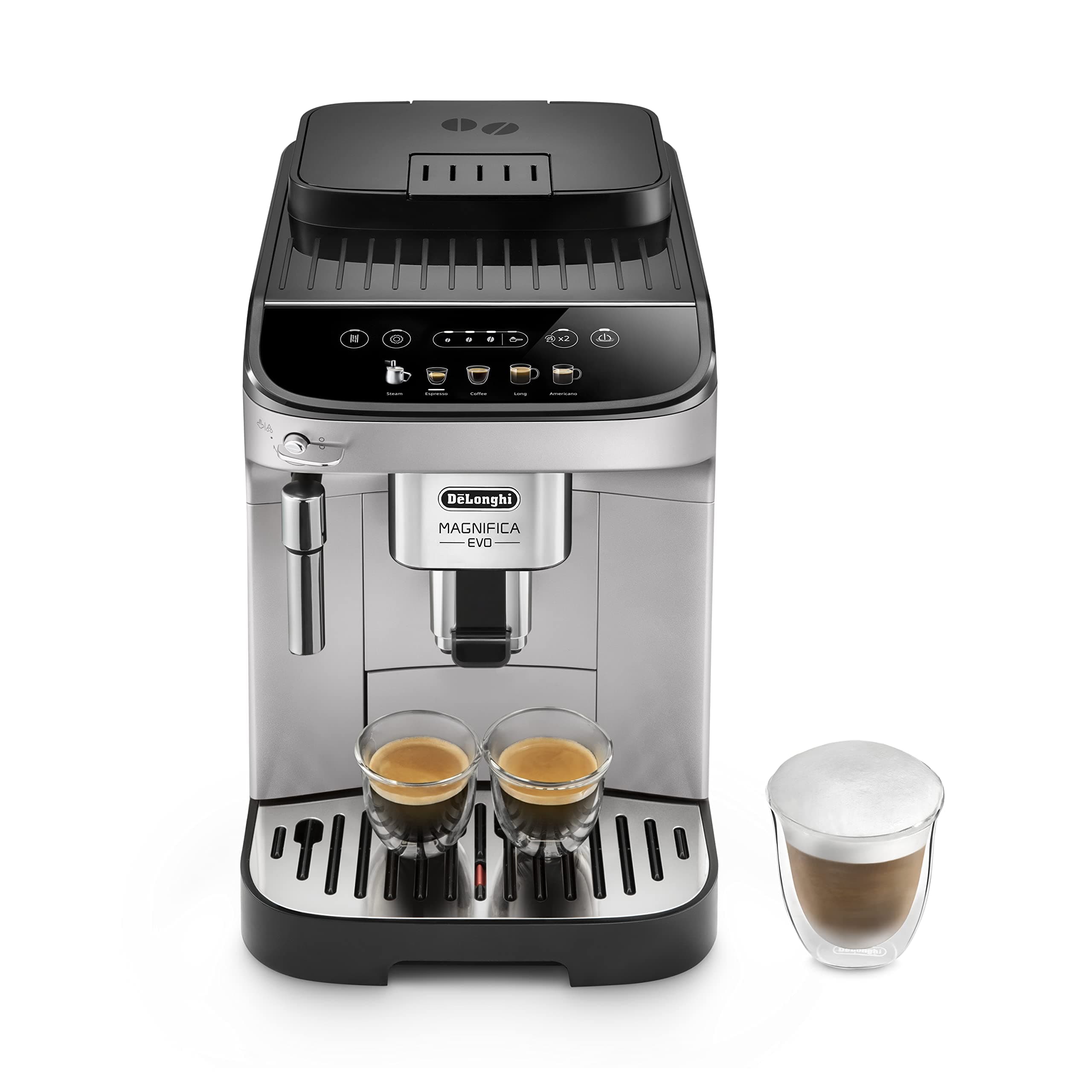 De’Longhi Magnifica Evo - Perfetto Kaffeevollautomat mit klassischem Milchaufschäumer, 4 One-Touch-Getränke, Cappuccino, Espresso Kaffeemaschine, Soft-Touch-Bedienfeld, Silber (ECAM292.33.SB)