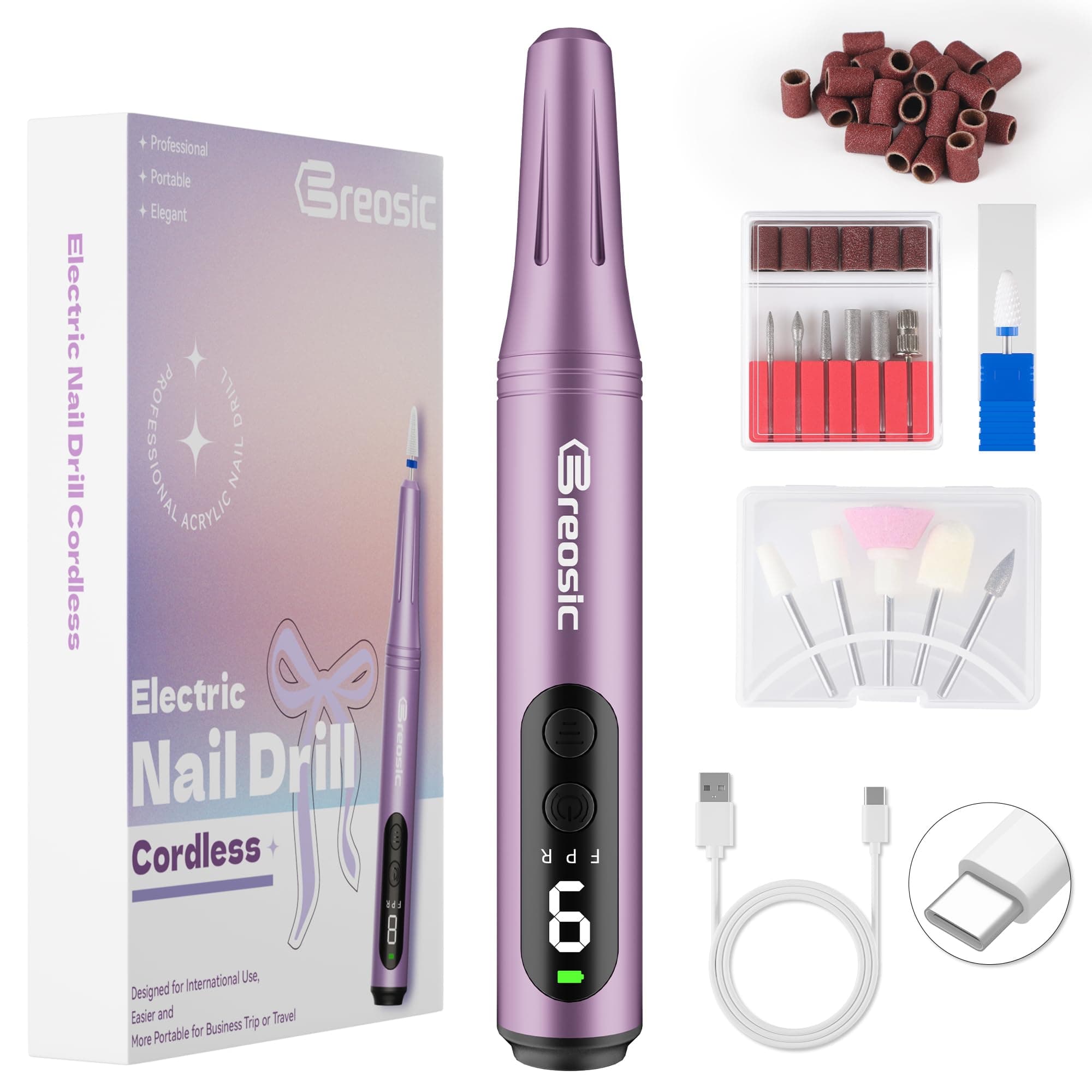 Breosic Ponceuse pour Ongles Professionnel 35000 tr/min,Lime a Ongle Electrique Portable,Ponceuse Ongles à 9 Vitesse Réglable pour kit Manucure Pédicure,Avec Lime Ongle Electrique USB-C (Violette)