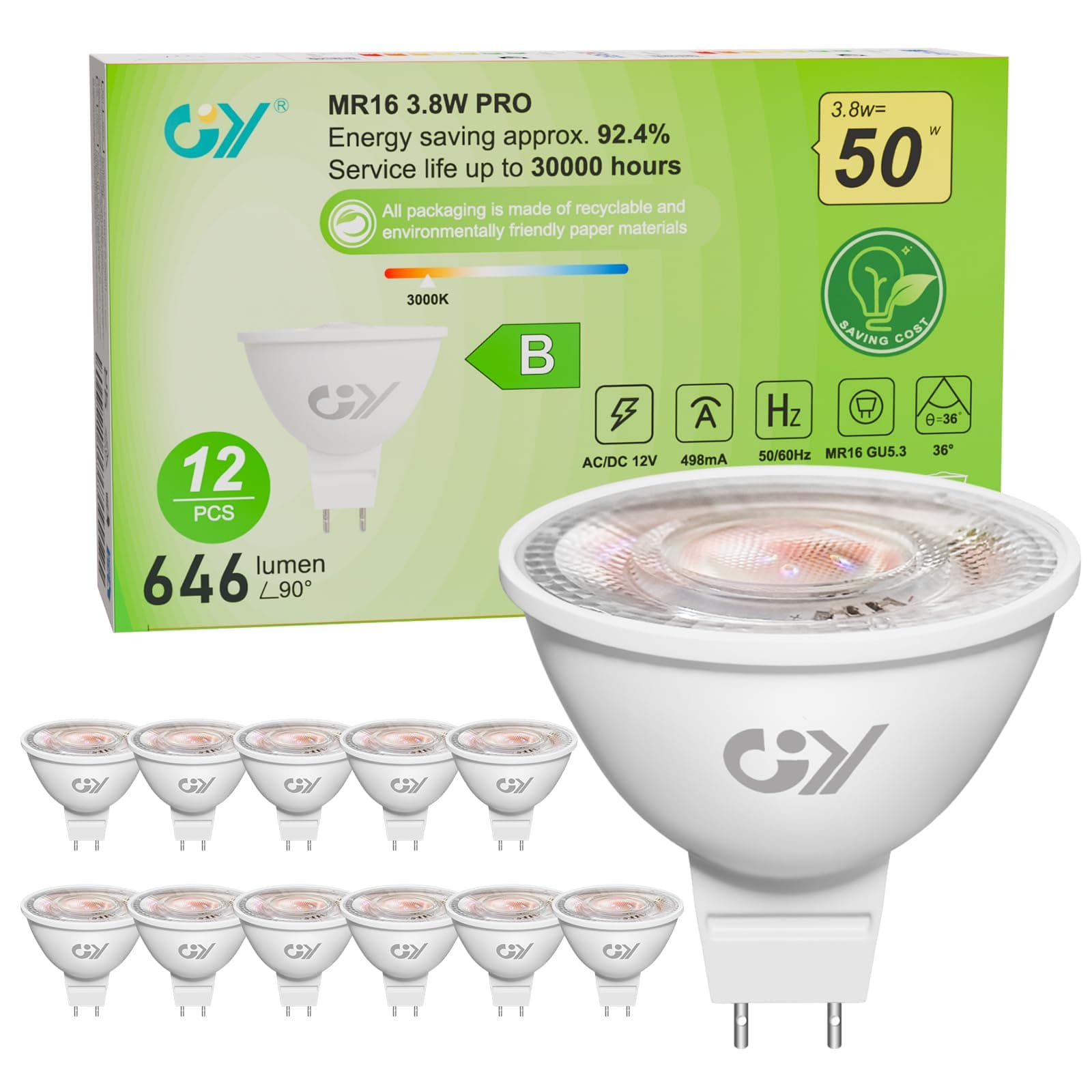 GY Ampoules LED GU5.3 MR16 12V Classe B, 646LM Blanc Chaud 3000K,3.8W Équivalent 50W 36° Angle LED Spot (Faisceau Étroit), Efficacité Energétique, Non-Dimmable,Pas de scintillement, Lot de 12