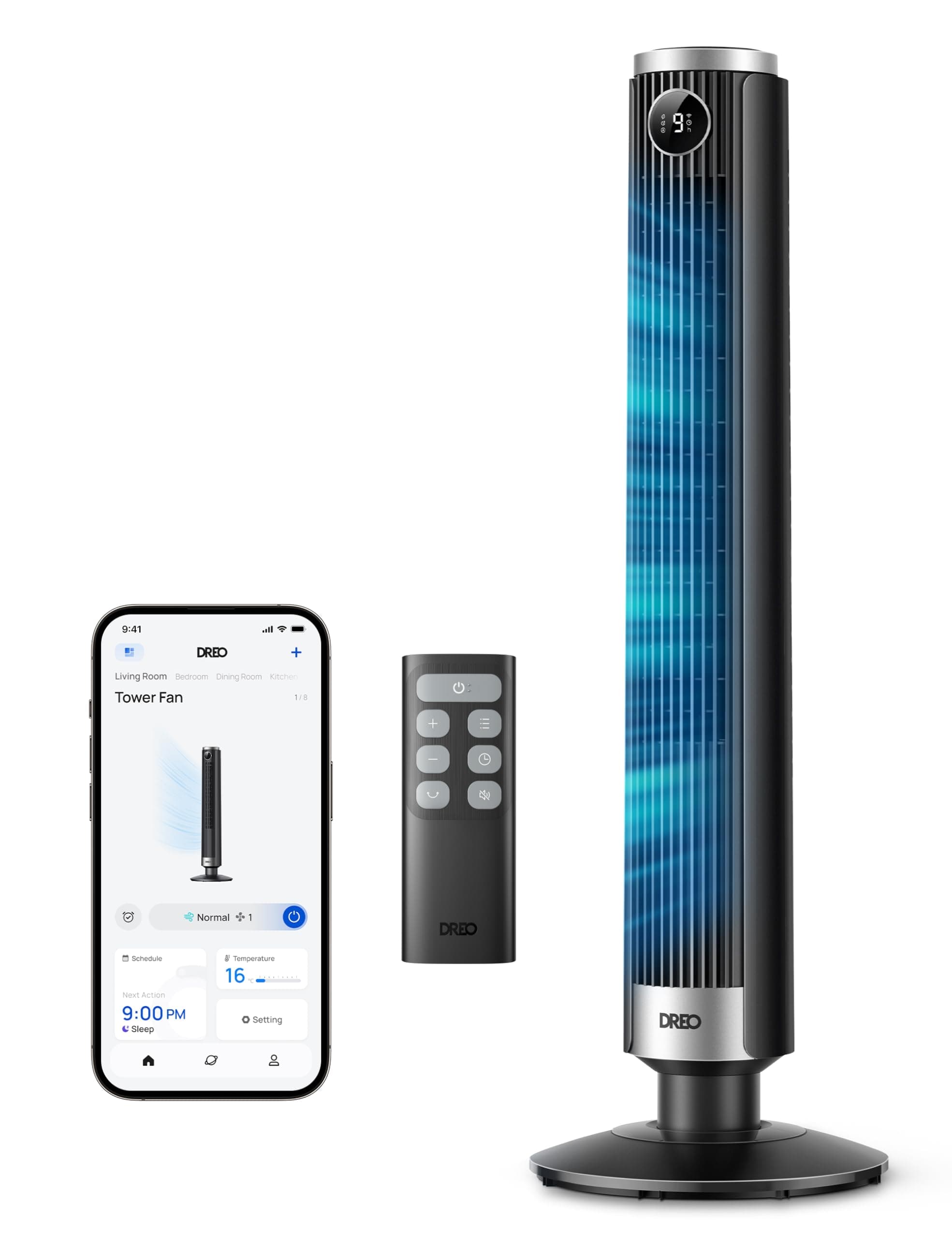 Dreo Ventilador de torre inteligente 554S, ventilador de pie ajustable 102–114 cm, 8.4 m/s, oscilación 90°, silencioso 20 dB, 9 velocidades, 4 modos, temporizador 12 h, compatible con Google y Alexa