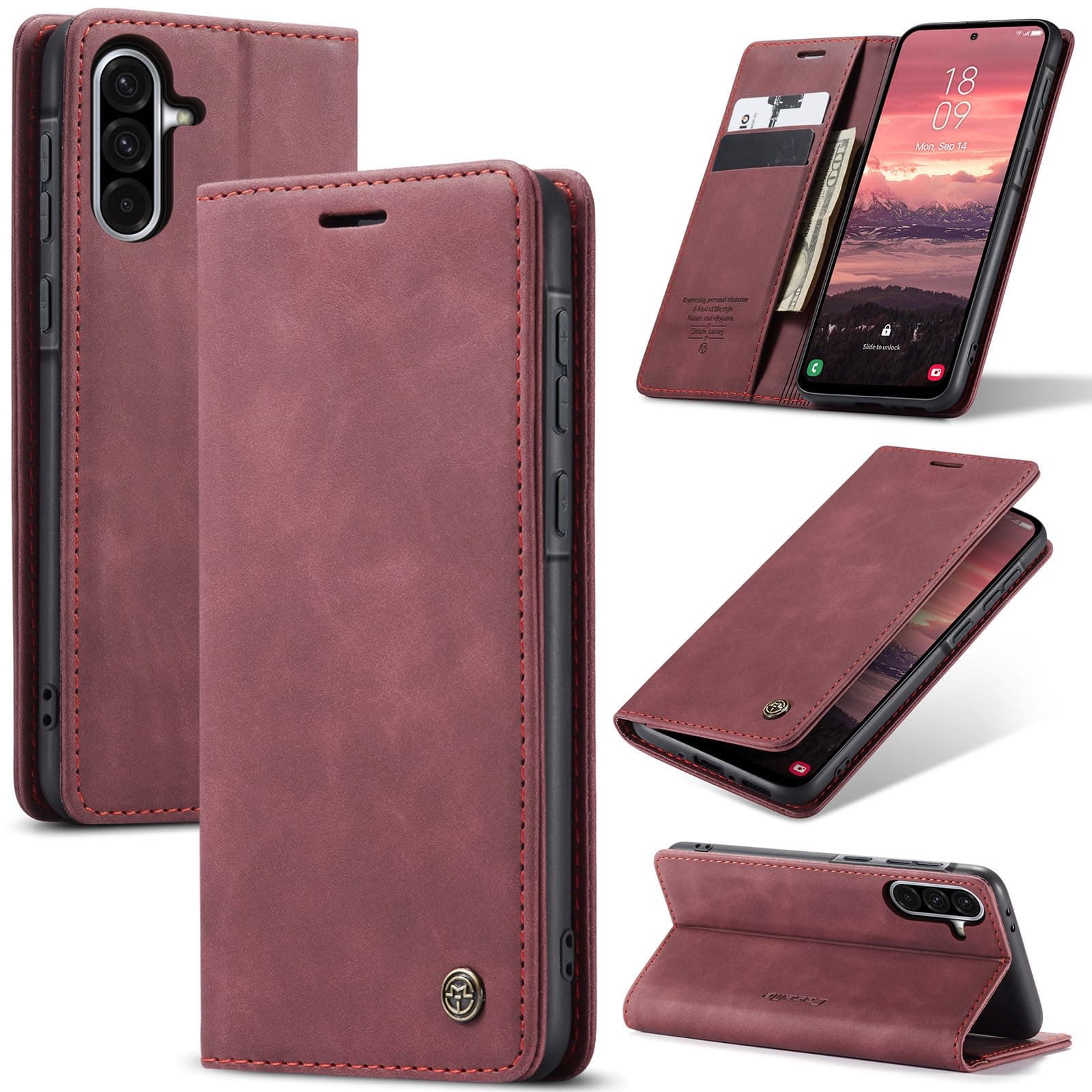 Samokor Coque pour Samsung Galaxy A55 5G Housse Cuir Premium Etui Rabat Pochette Portefeuille Fentes Cartes Magnétique,Étui Protection pour Samsung Galaxy A55 5G,Vin Rouge