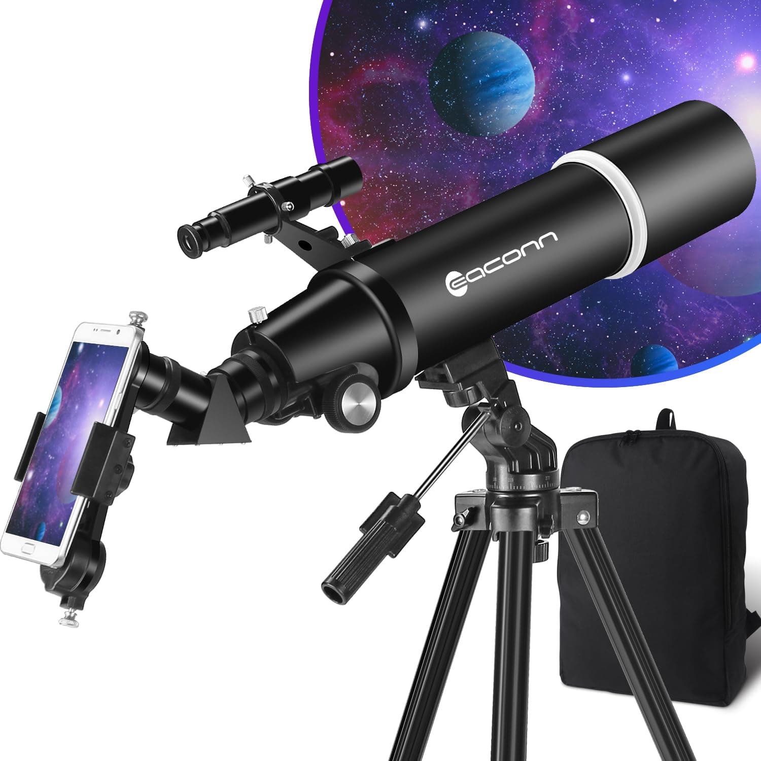 Telescopio de astronomía para Adultos, 80 mm de Apertura, 600 mm, portátil, para Principiantes y niños, con trípode, Adaptador de teléfono, Mochila