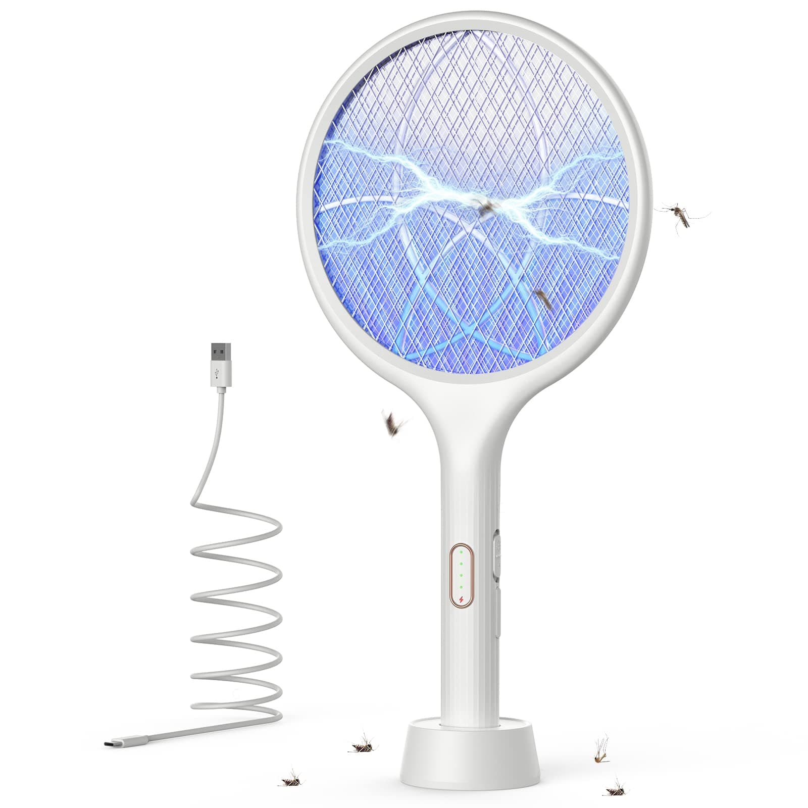 YISSVIC Raqueta Matamoscas Electrica 2 en 1 4000V Mata Mosquitos Electrico USB Recargable 1500mAh- Blanco