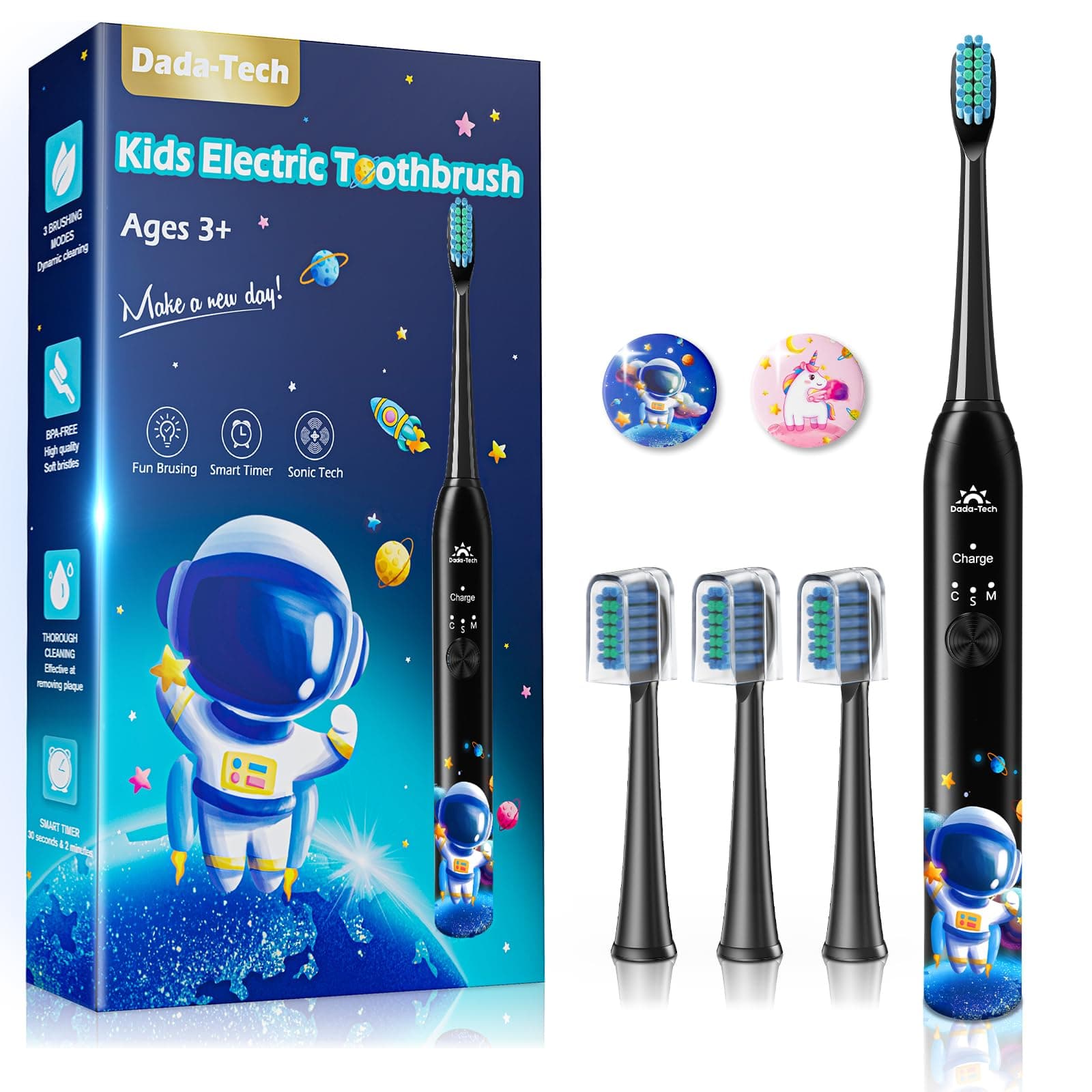 Brosse à Dents Électrique Enfant 3-6-8-12-18 Ans,Brosse a Dent Electrique Enfant Rechargeable Avec Minuteur, Autocollants pour Habitudes et 4 Têtes Douces Pour Kids Filles Et Garçons(Astronaute Noir)